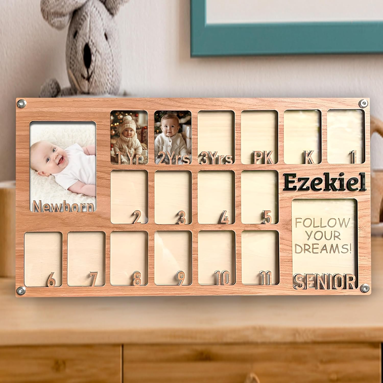 School Picture Frame Pre-K to 12 – Personalized School Years Picture Frame K-12 – Wooden Graduation Photo Frame, Kindergarten Graduation Frames, 18 Photos
