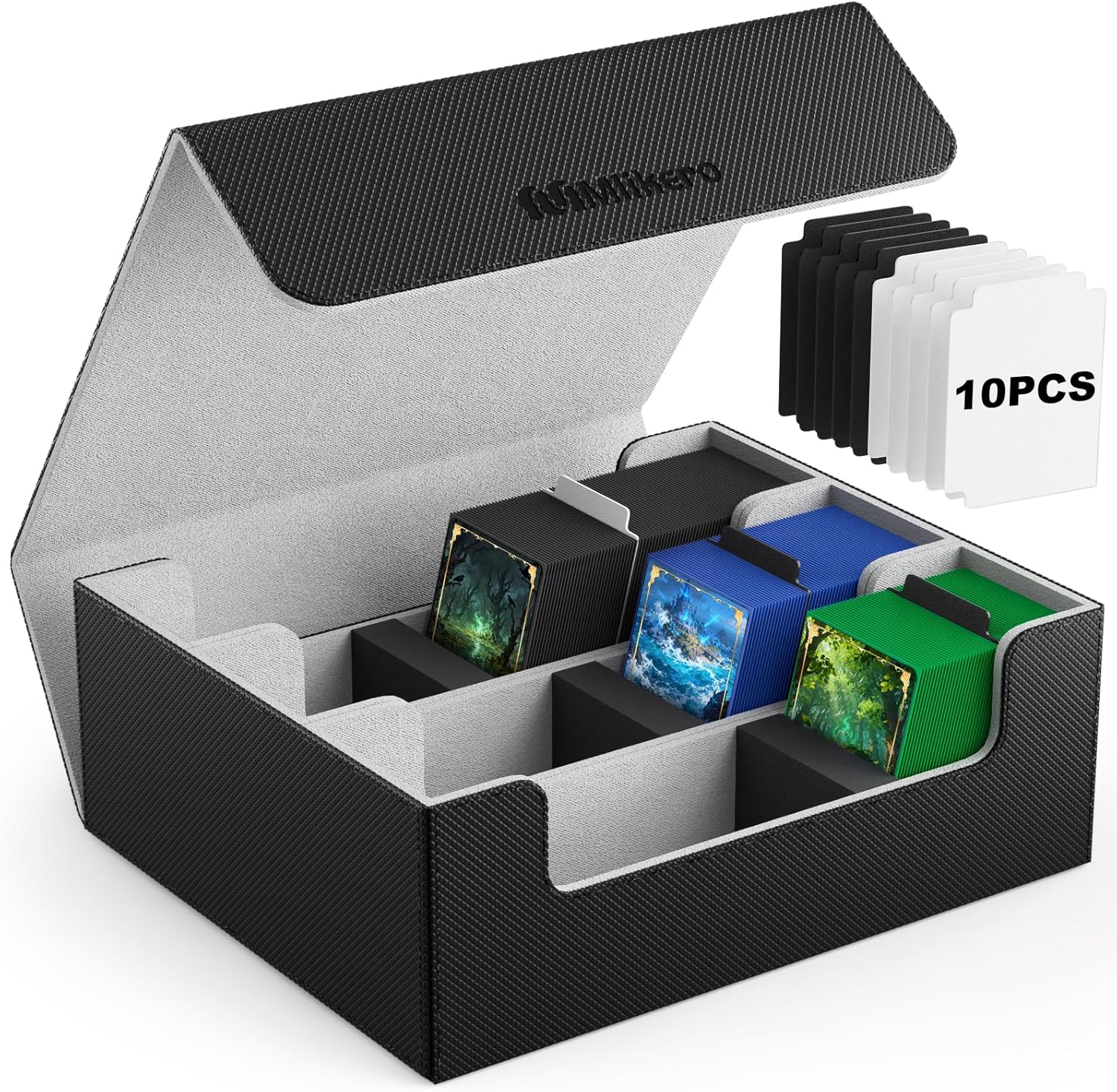 Mlikero Card Deck Case for Trading Cards 1800+, Trading Card Storage Box with 10 Dividers and 3 Foam Stoppers, Leather Magnetic Closure Commander Deck Box Fit for YuGiOh, MTG and Sport Cards 3 Rows-Black