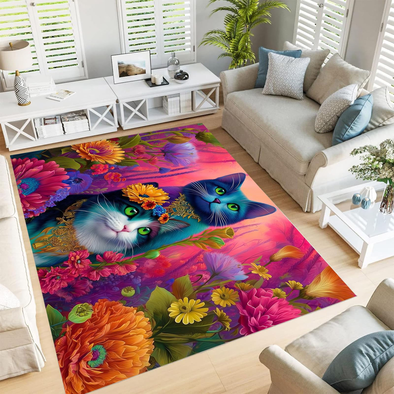 Tapis de salon anti-dérapant 240x300 cm doux et lavable à poils courts motifs chats