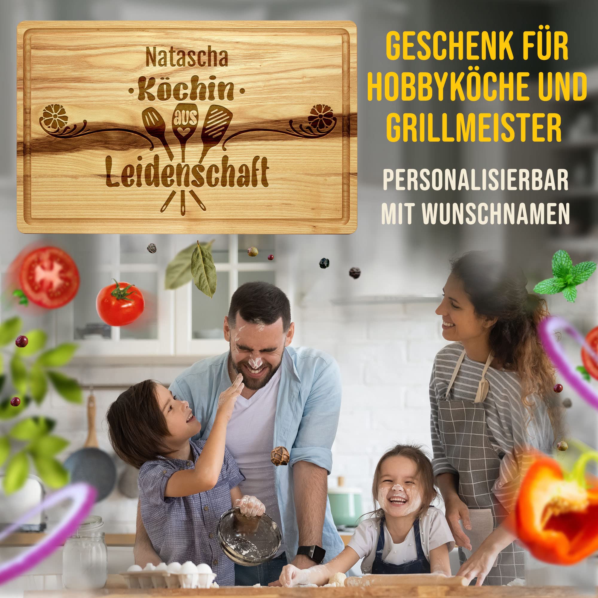 PR Print Royal Großes Holzbrett mit Gravur - Schneidebrett personalisiert - Köchin aus Leidenschaft - Geschenke für Hobbyköche zum Geburtstag | Eschenholz, 40 x 25 x 2 cm, personalisiertes Geschenk