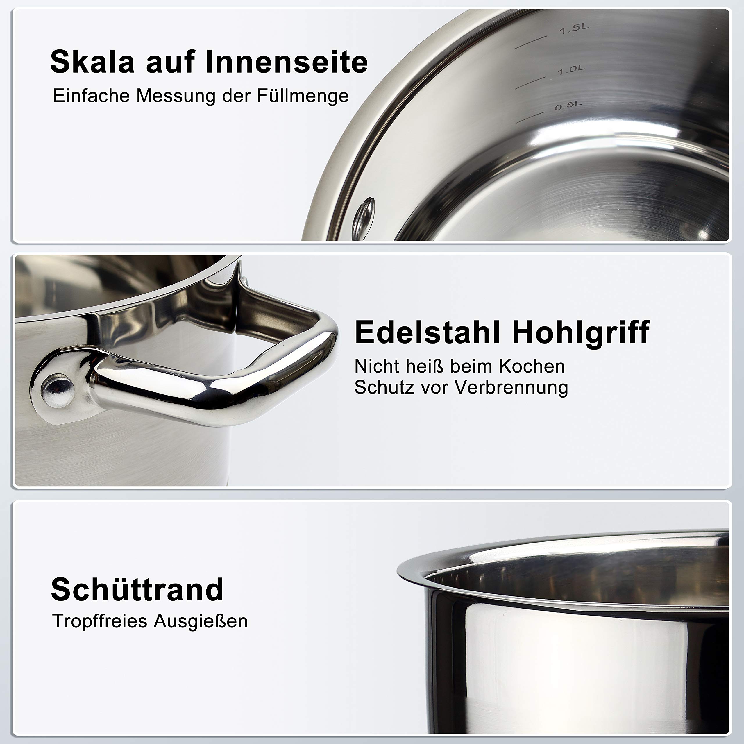 Linnuo Topfset Induktion Kochtopf Set Edelstahl Töpfe mit Glasdeckel für alle Herde inkl Induktionsherd geeignet für Spülmaschine und Backofen hochwertiges Kochset für moderne Küchen (9tlg. Set)