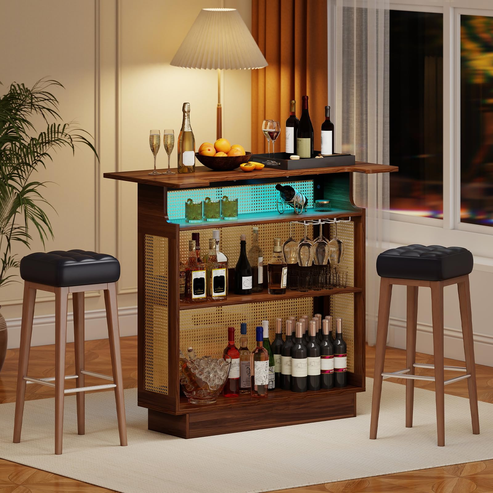 LIFEZEAL Mesa de bar de madera, barra de bar con iluminación LED, estantería de cocina de ratán con soporte para vasos y estantería, mesa de bistró, mesa de bar, diseño industrial, 55 x 120 x 110 cm