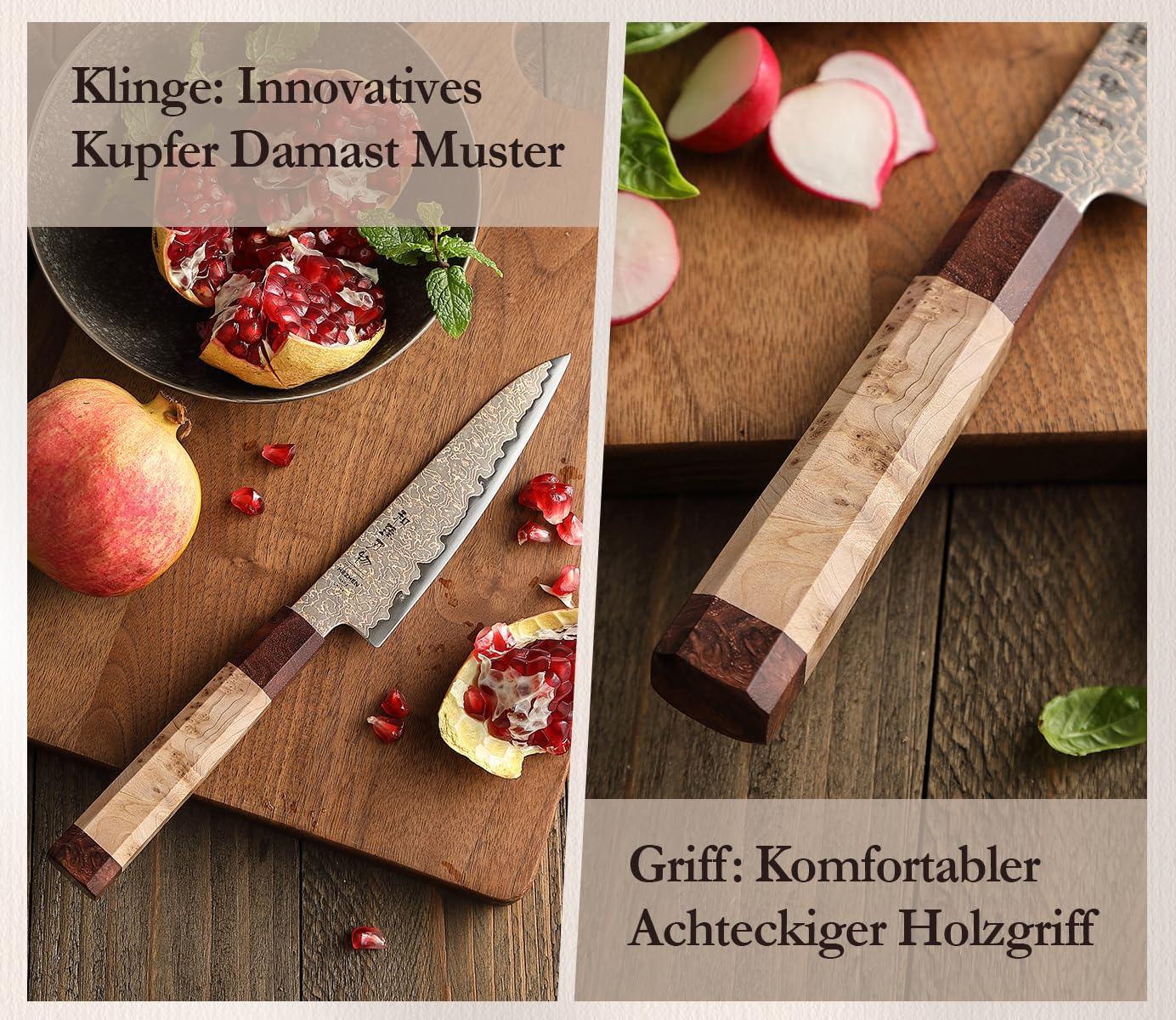HEZHEN Kupfer Damaststahl Universal Messer，Damaskus Schälmesser Multifunktionales Obstmesser, Achteckiger Griff aus Figaro Bergahorn Holz+ Padauk-Maserholz