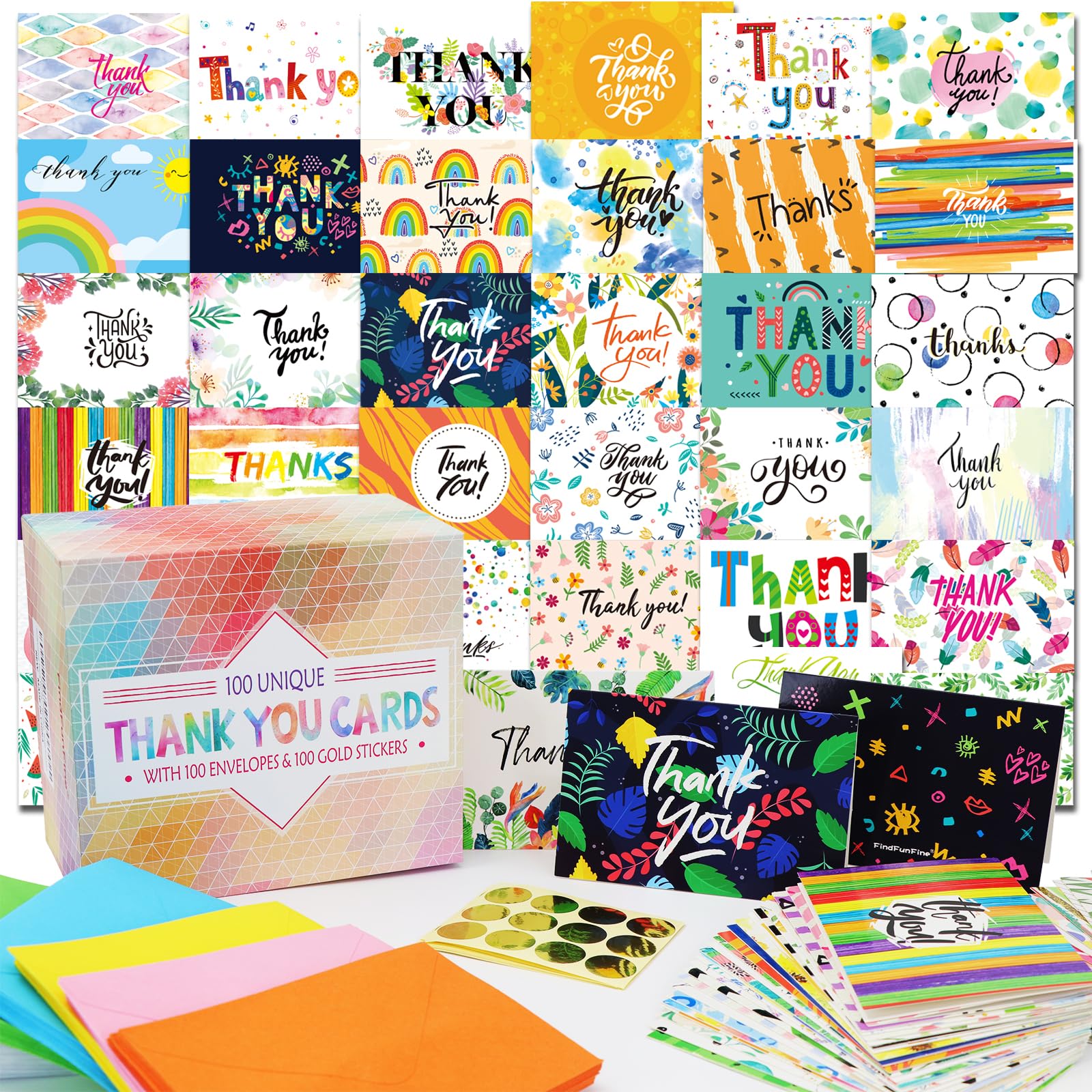 Tarjetas de agradecimiento, 100 juegos de tarjetas de felicitación únicas con sobres, calcomanías de sello dorado, notas de agradecimiento, caja de almacenamiento de 4 x 6 pulgadas para