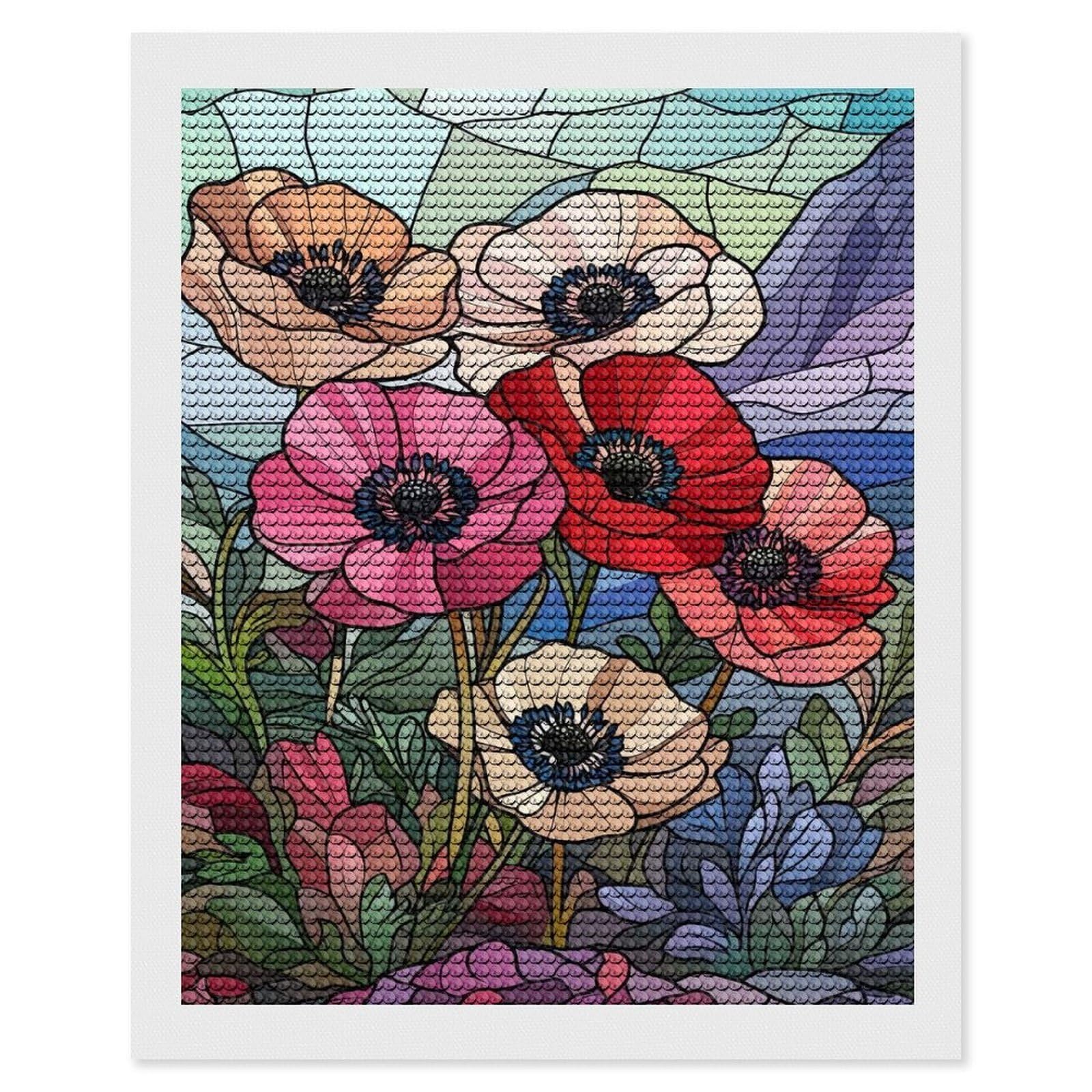 Junmoney Stained Glass Poppies Diamond Art Kit 16"x20", Relaxing DIY Hobby, Satisfying Creative Project, Living Room Decor, for Women