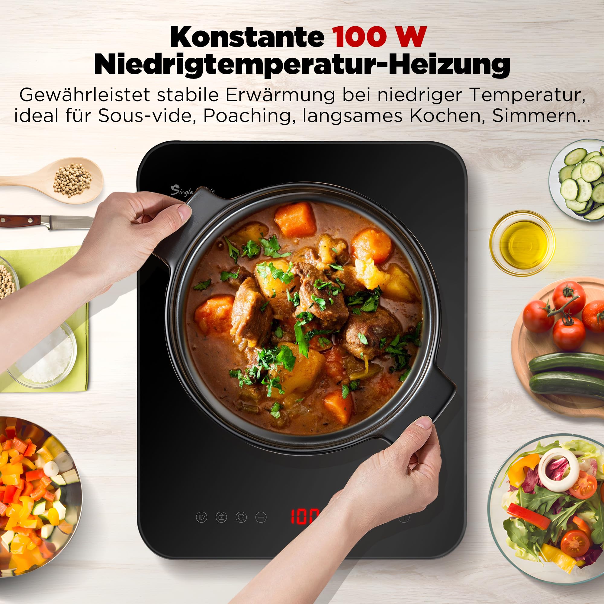 Induktionskochplatte, Induktionskochfeld 1 Platte, 23 mm Ultradünn, Zwei Lüfter, 2100W Induktionsplatte mit Multi-Sicherheitsschutz, 10 Heizstufen, Timer-Funktion, Kindersicherung