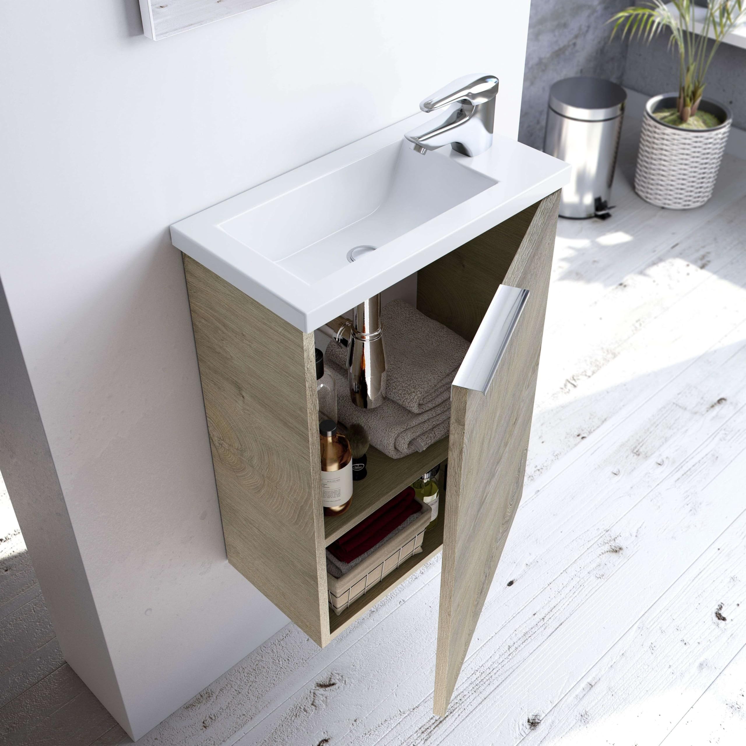 ARKITMOBEL Mueble de Baño Suspendido Compact con Lavabo y Espejo | Ideal para Aseos Pequeños y Espacios Reducidos | Color Roble Alaska | 40 cm (Ancho) x 22 cm (Fondo)
