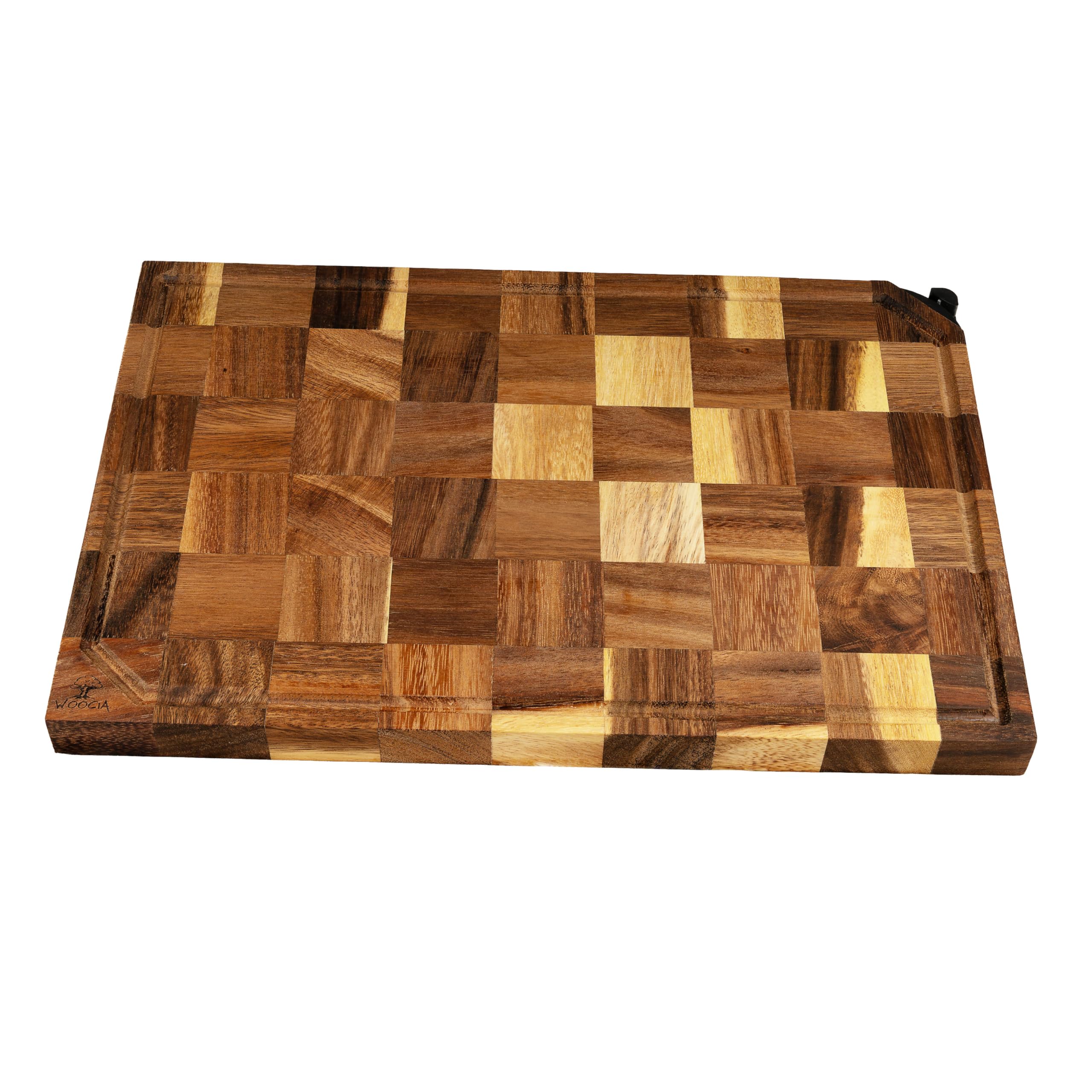 Holzschneidebrett aus massiver Akazie mit integriertem Messerschärfer (45x30x3cm) - Schneidebrett Holz mit einzigartiger Optik durch Stirnholz - Schneidebrett mit durchgehender Saftrille