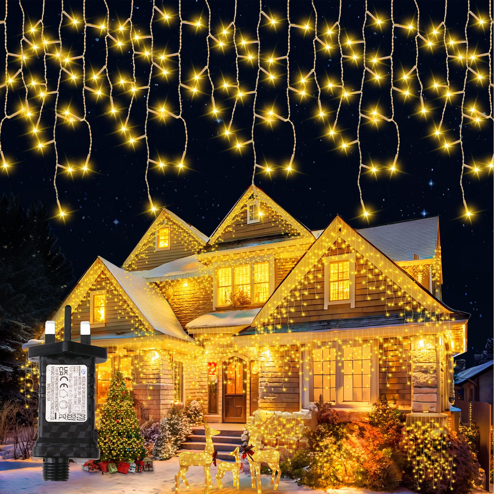 Possily Icicle Outdoor Christmas Lights, 200 LED 6.4+5M Icicle Lights Outdoor Christmas Decor Fairy Lights Plug-in IP65 Waterproof 8 Modes Light Up Xmas Decorations for Roof Window Curtain, Warm White