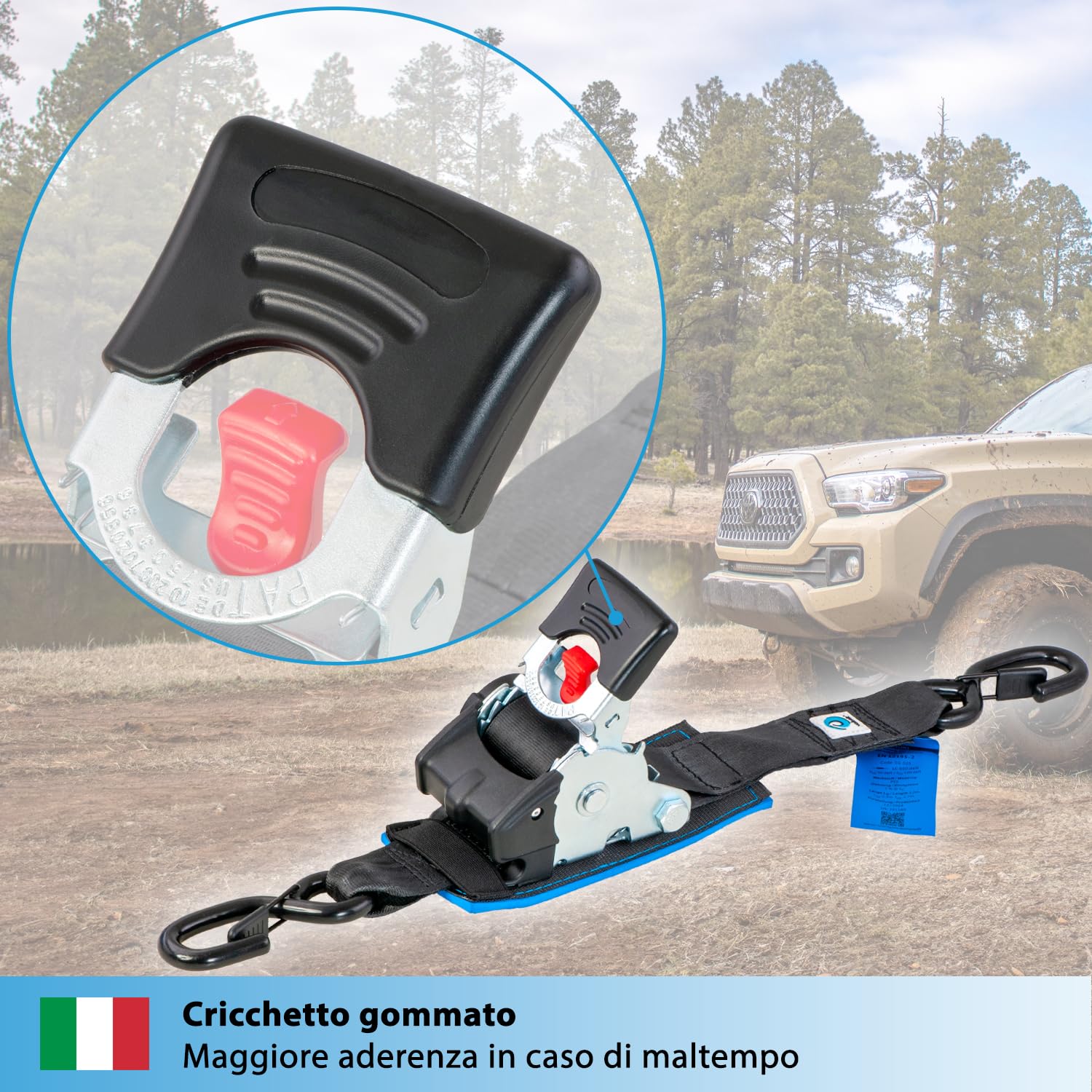 valonic TANUKI - 2x 3m XXL cinghie di fissaggio automatico, 50mm, 650/1300 Kg, imbottito, EN-12195-2 - con gancio, con cricchetto, nero, per moto
