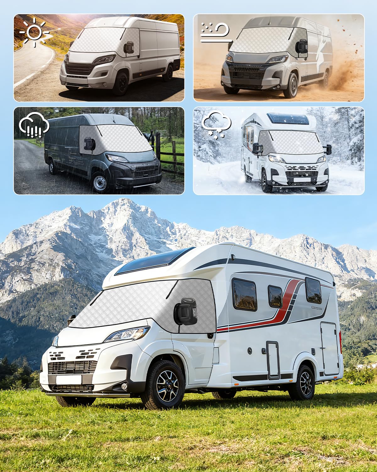 OlaVeg Van Windscreen Protector Aluminium Ducato Thermal Screen Cover Campervan Windscreen Cover with Zips External Waterproof Frost with Magnetic for P-eugeot Boxer C-itroen Relay X250/290 — view 8