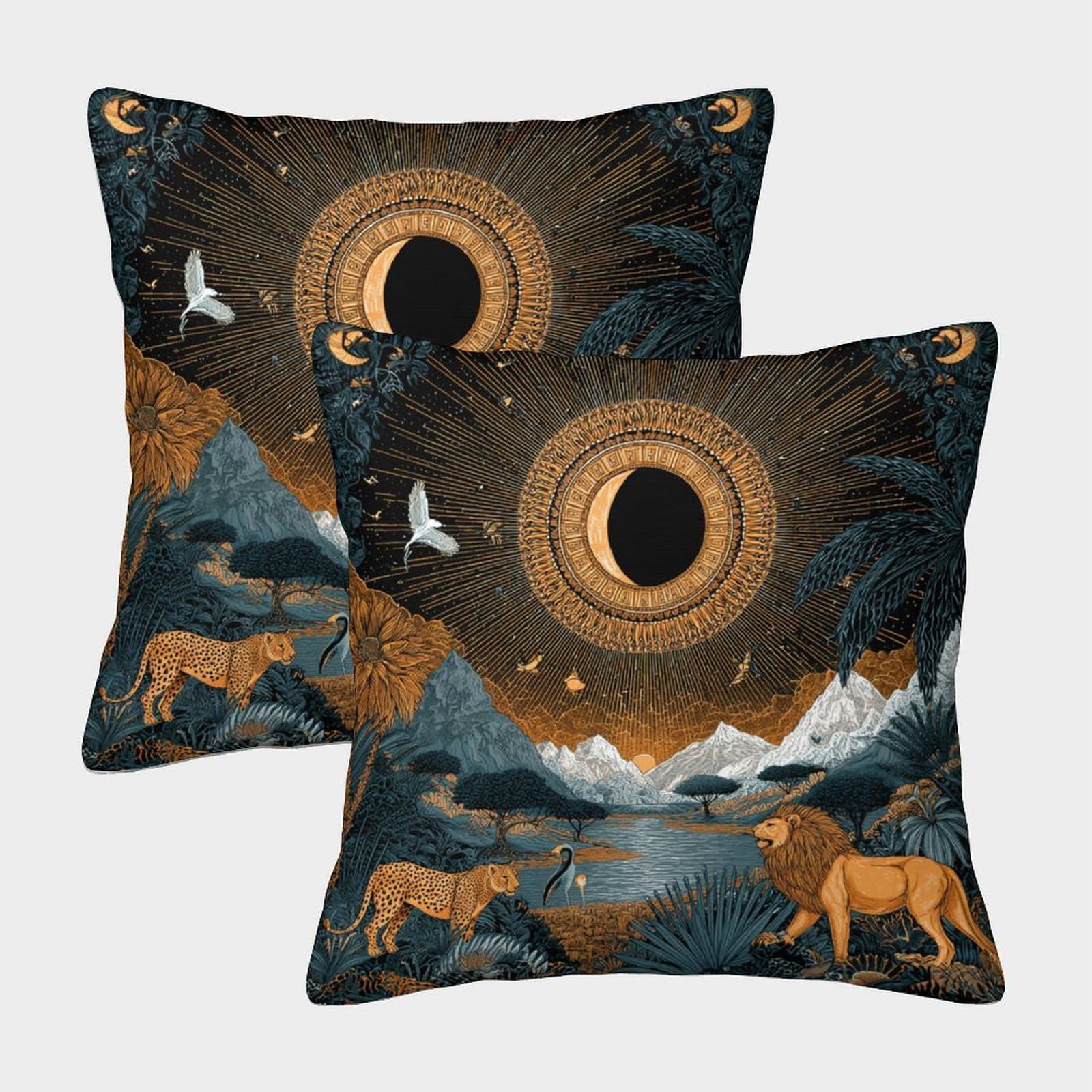 kaiyun 2 Pack Wild Animals, The Sun And The Moon Pillow Case Home Decoration Sofa Cushion Cover 40x40cm
