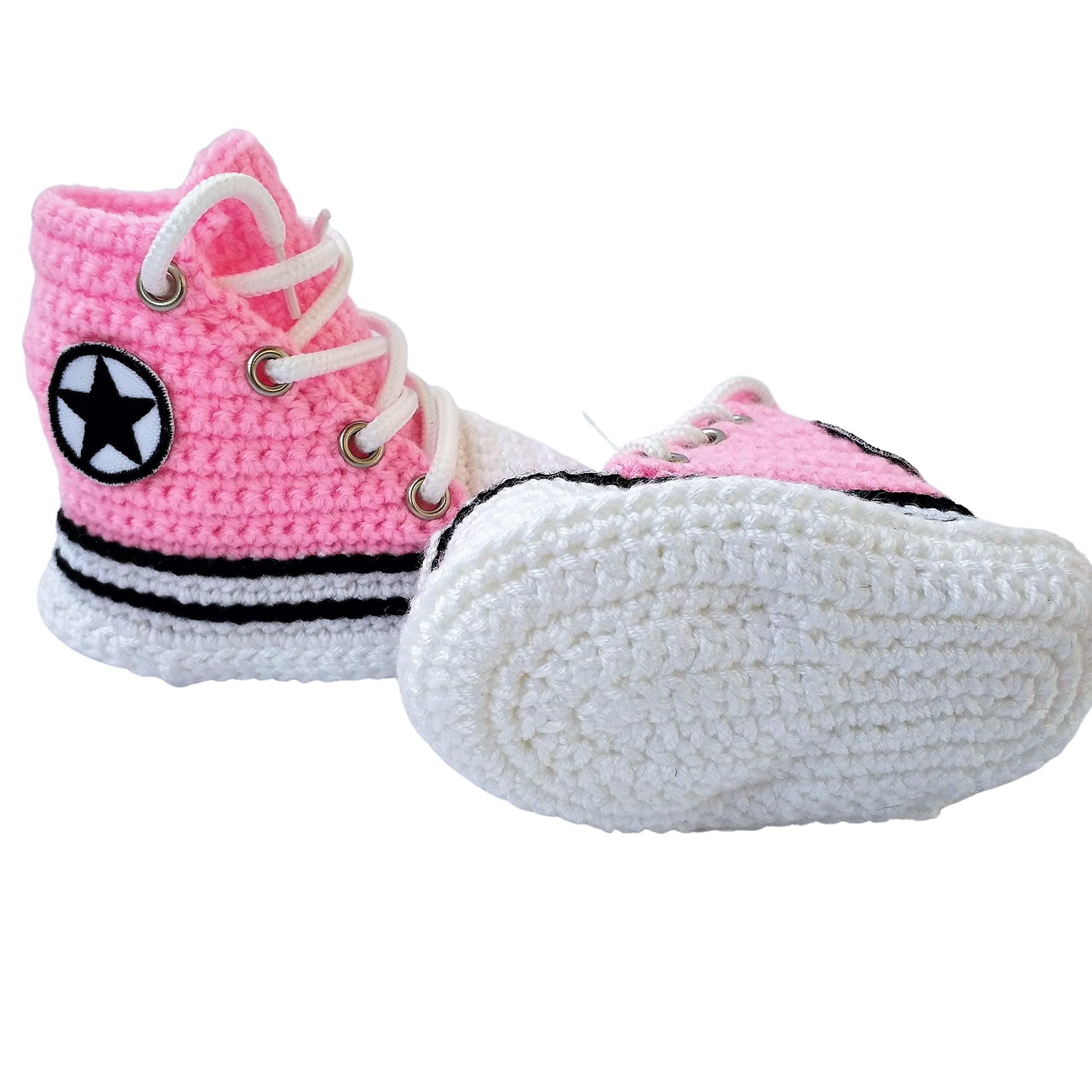 Handgemachte Häkel Merinowolle rosa Baby Booties Sneaker, weiche High-Top Krabbelschuhe für Neugeborene und Kleinkinder, rutschfeste Sohle, individuelle Größen, Geschenk zur Geburt
