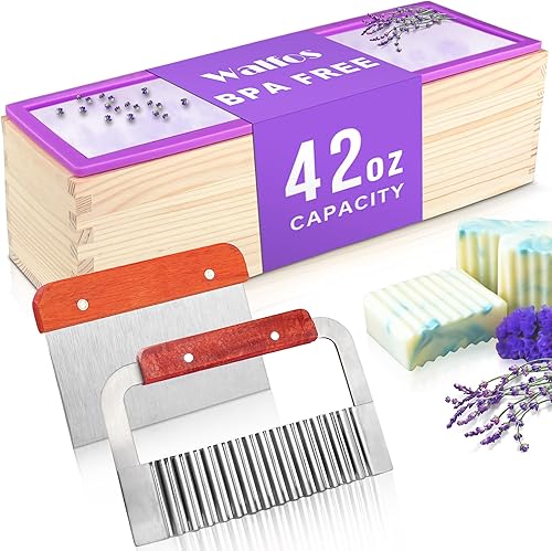 Molde de jabón de silicona, molde rectangular flexible viene con caja de madera, ondulado de acero inoxidable + raspador recto para hacer jabones