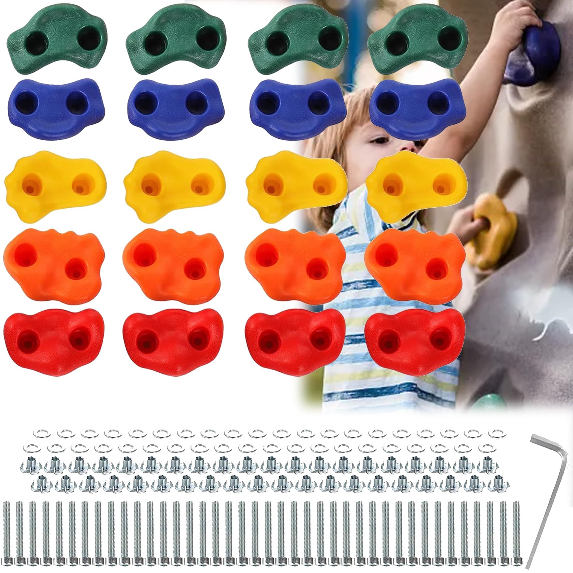 20pcs Soporte de Escalada Infantil, Estructura Estable de Alta Resistencia, Agarres de Pared Multicolor con Accesorios Montaje, Kit de Escalada de Pared de Roca para Interiores y Exteriores