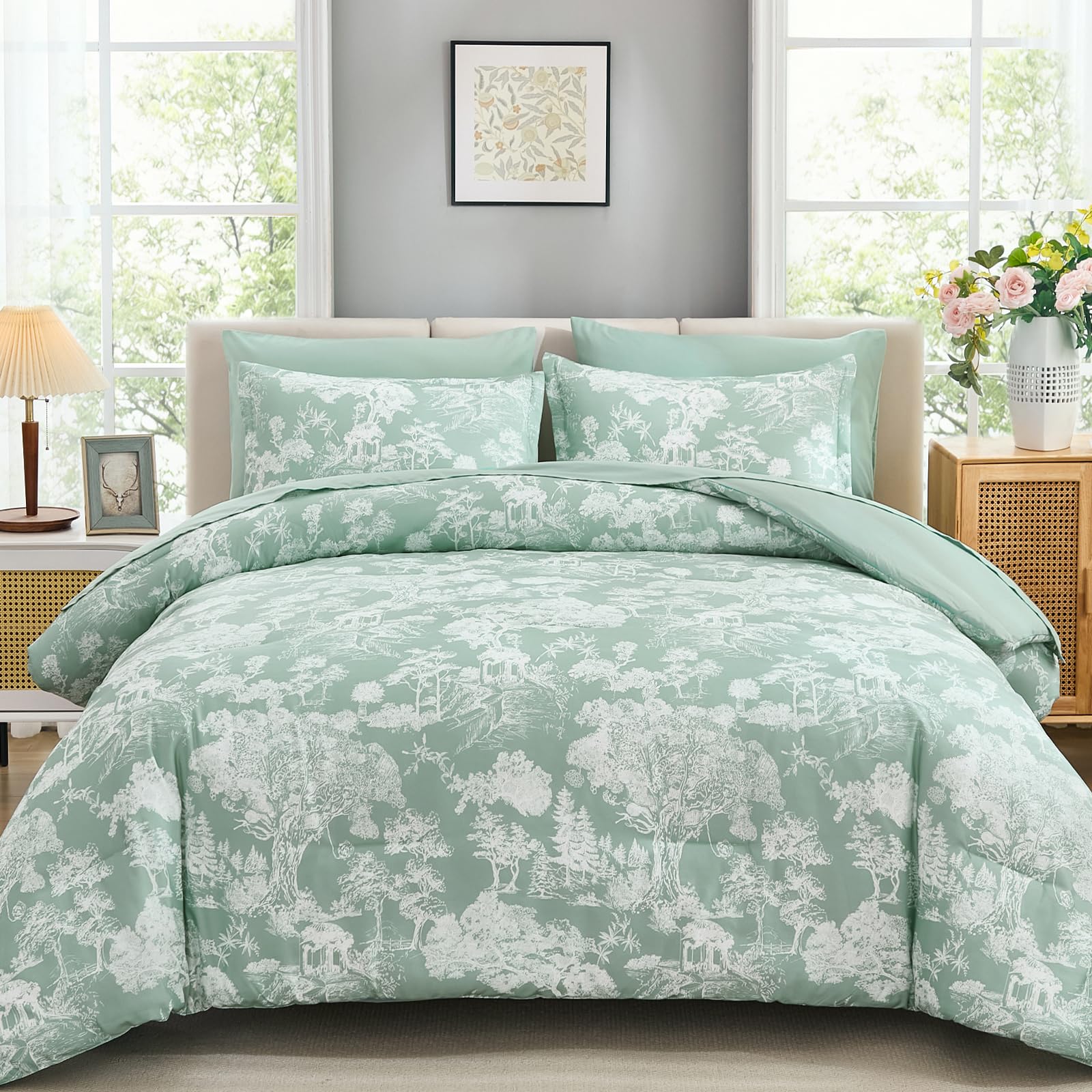 DJY Floral Green Comforter Set-King Size 7 Piece Bed in a Bag,Queen Comforter Set with Sheets,Farmhouse Comforter