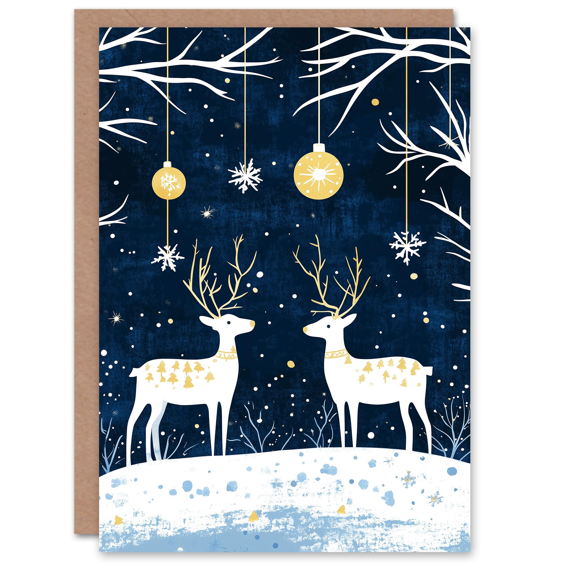 Artery8 Reindeer Winter Forest Baubles Gold Blue Nordic Blank For Him Or Her Art Christmas Card