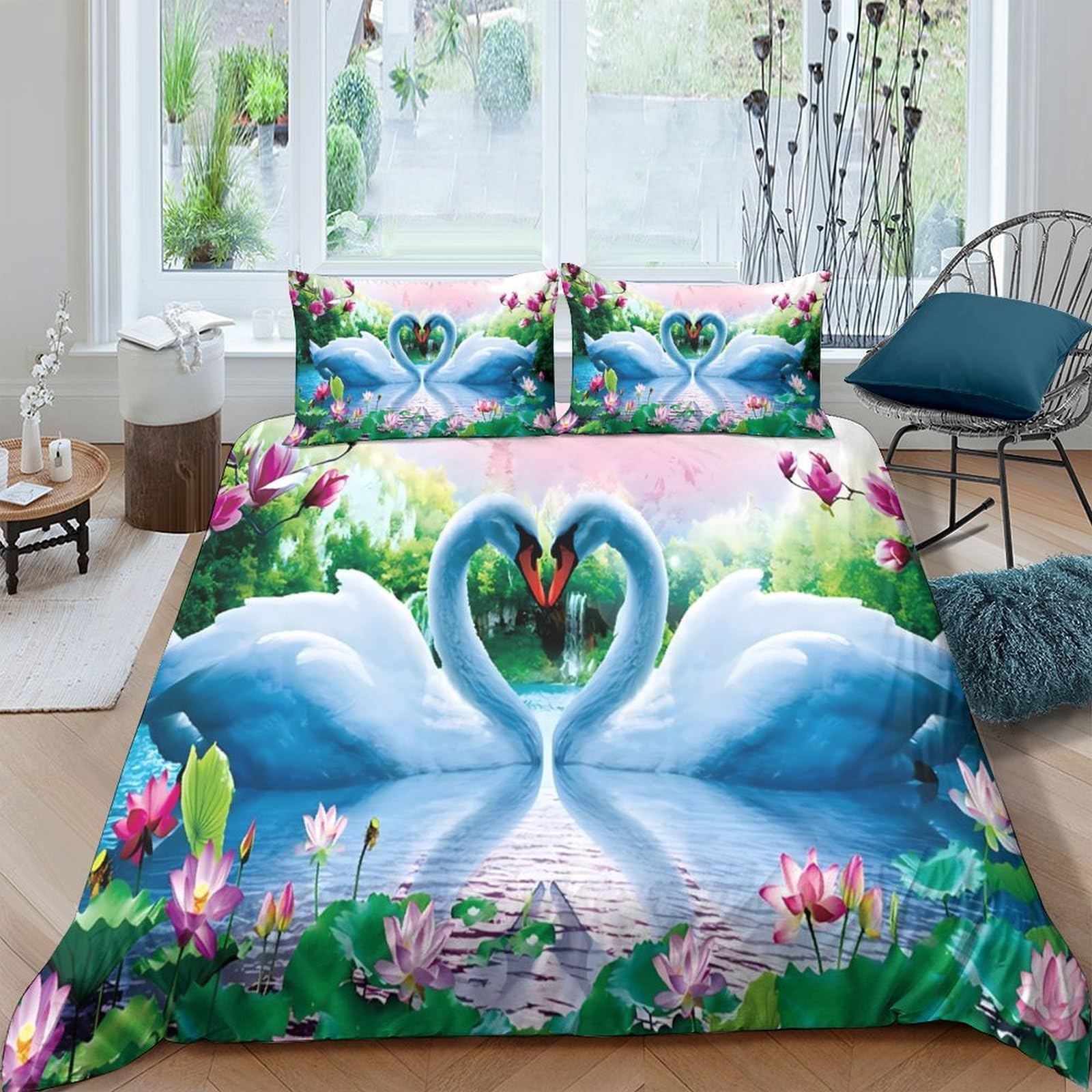 Ctjqhvkz Style-6 3D Printed Swan Lake Fitted Sheet Microfiber Soft Floral Pond Mattress Cover Bedroom Decor Washable Single（135X200cm）