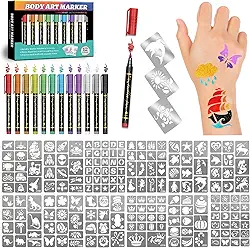 Marcadores temporários de tatuagem para pele, 12 marcadores corporais metálicos + 183 estênceis de tatuagem temporária para crianças e adultos, ponta de pincel flexível, cores brilhantes, canetas de