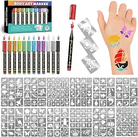 Marcadores temporários de tatuagem para pele, 12 marcadores corporais metálicos + 183 estênceis de tatuagem temporária para crianças e adultos, ponta de pincel flexível, cores brilhantes, canetas de