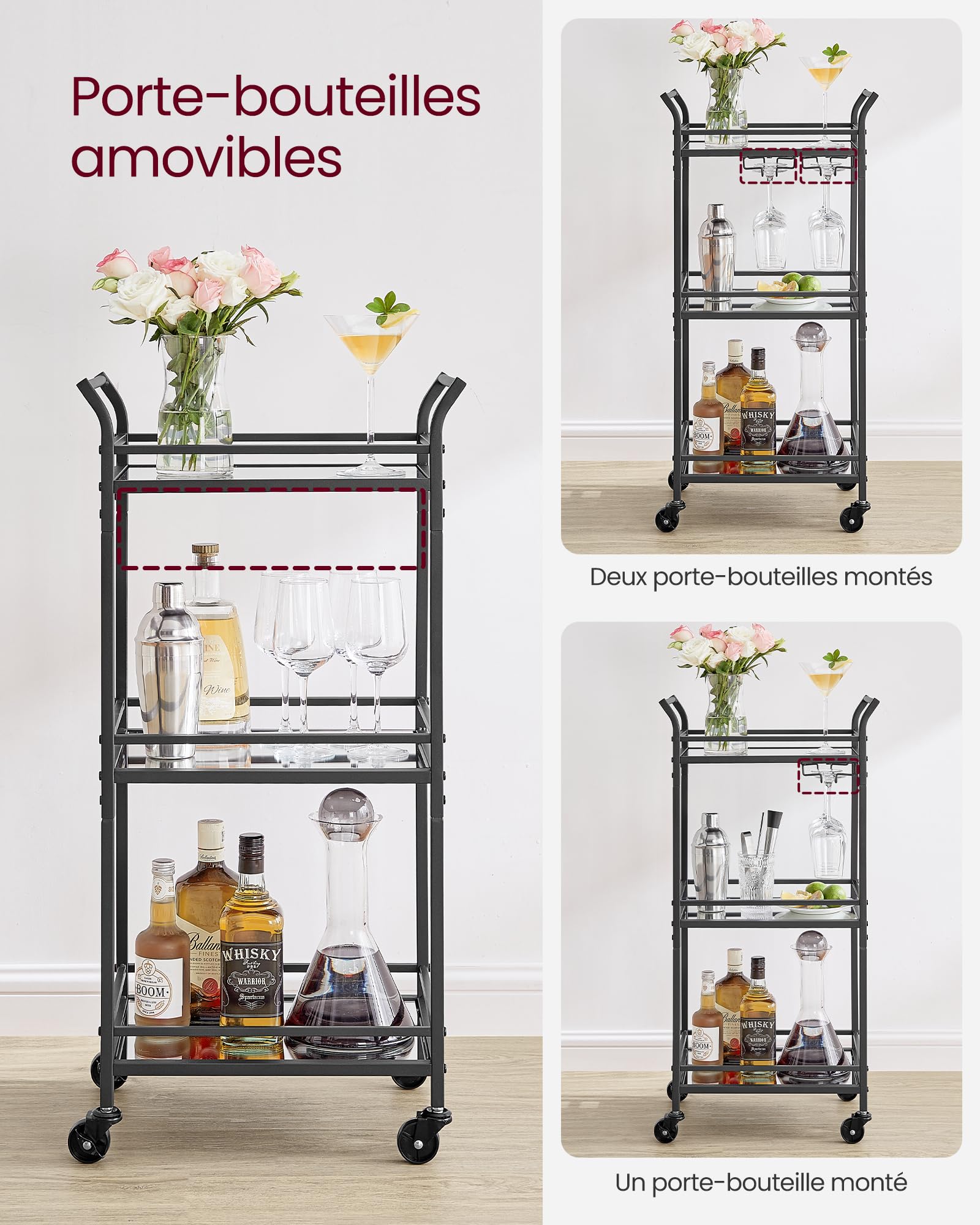VASAGLE Chariot à 3 Niveaux, avec roulettes, Verre Réfléchissant