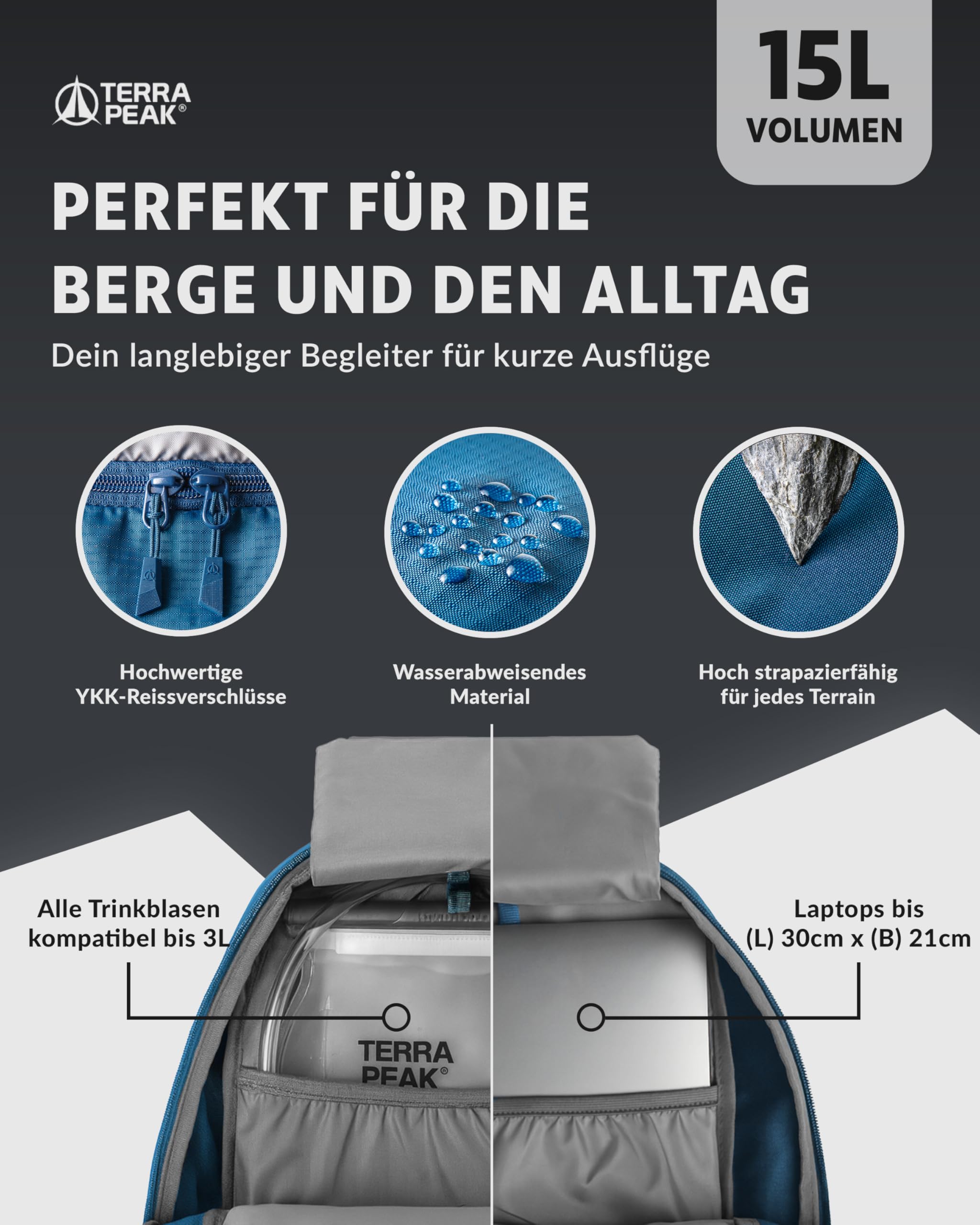 Terra Peak® Sac à dos de randonnée 15L AREN 15 imperméable respirant trekking voyage