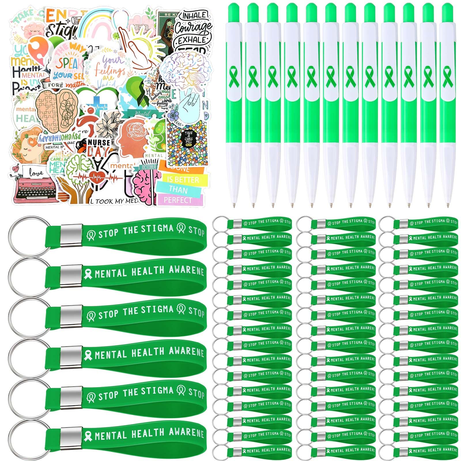 Sayglossy 298 Pcs Mental Health Awareness Items Include Mental Health Stickers Rubber Keychains and Ballpoint Pens Green Awareness Ribbon for Mental