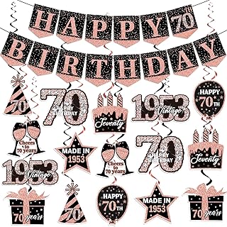70th Birthday Decorations for Women, Pink and Black 1953 Birthday Party Decorations Include Happy 70th Birthday Banner and Hanging Swirls, Happy 70th Birthday Party Decor for Women