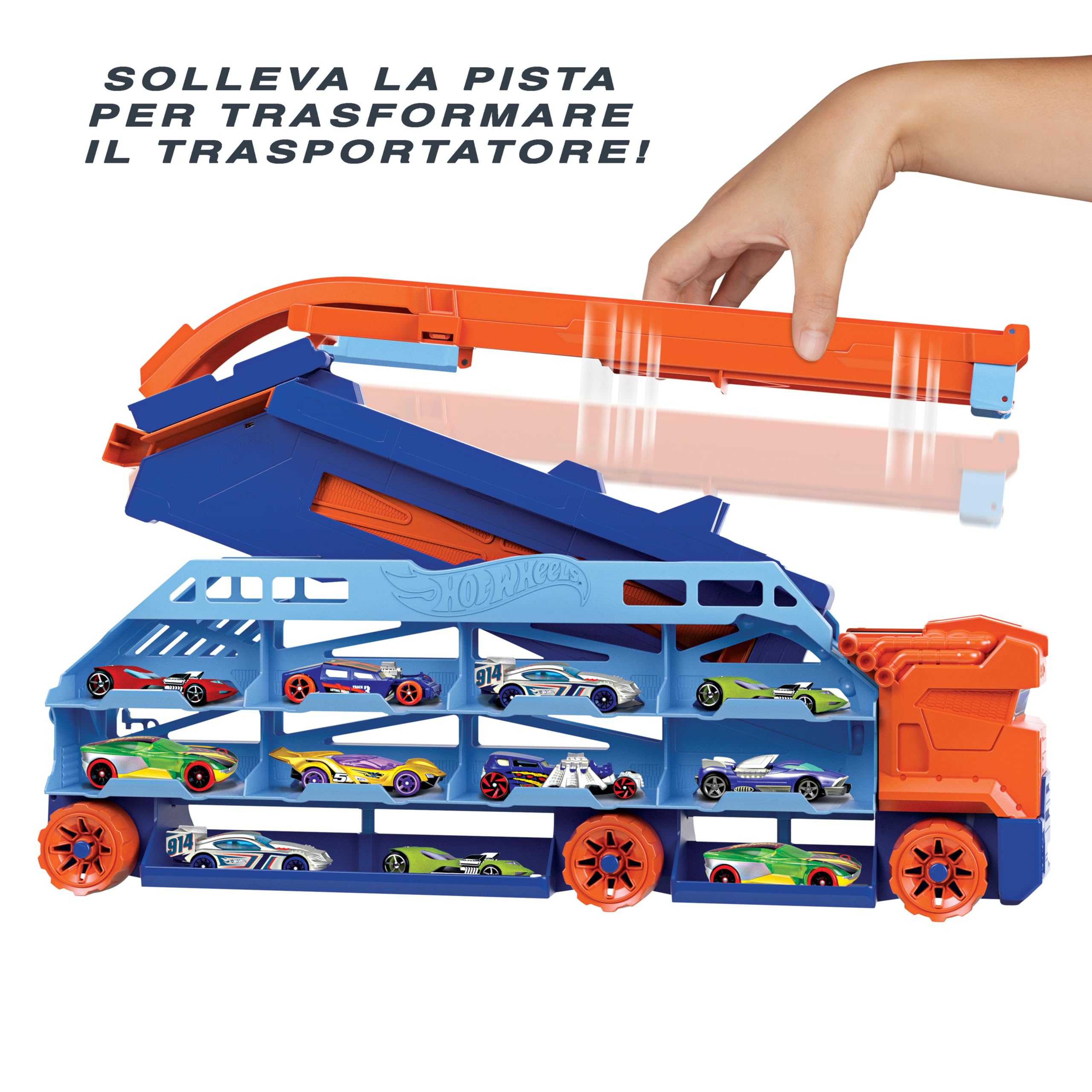 Hot Wheels - Autotrasportatore a Caduta Libera, con 1 macchinina, contiene più di 20 veicoli in scala 1:64, si trasforma in una pista con discesa da 60 cm, Giocattolo per Bambini 4+ Anni, HDY92