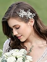 Vista 8 de SWEETV Peine de pelo de novia plateado para accesorios de cabello de boda, hecho a mano con cristales, perlas y hojas, 4.72 x 2.75 pulgadas