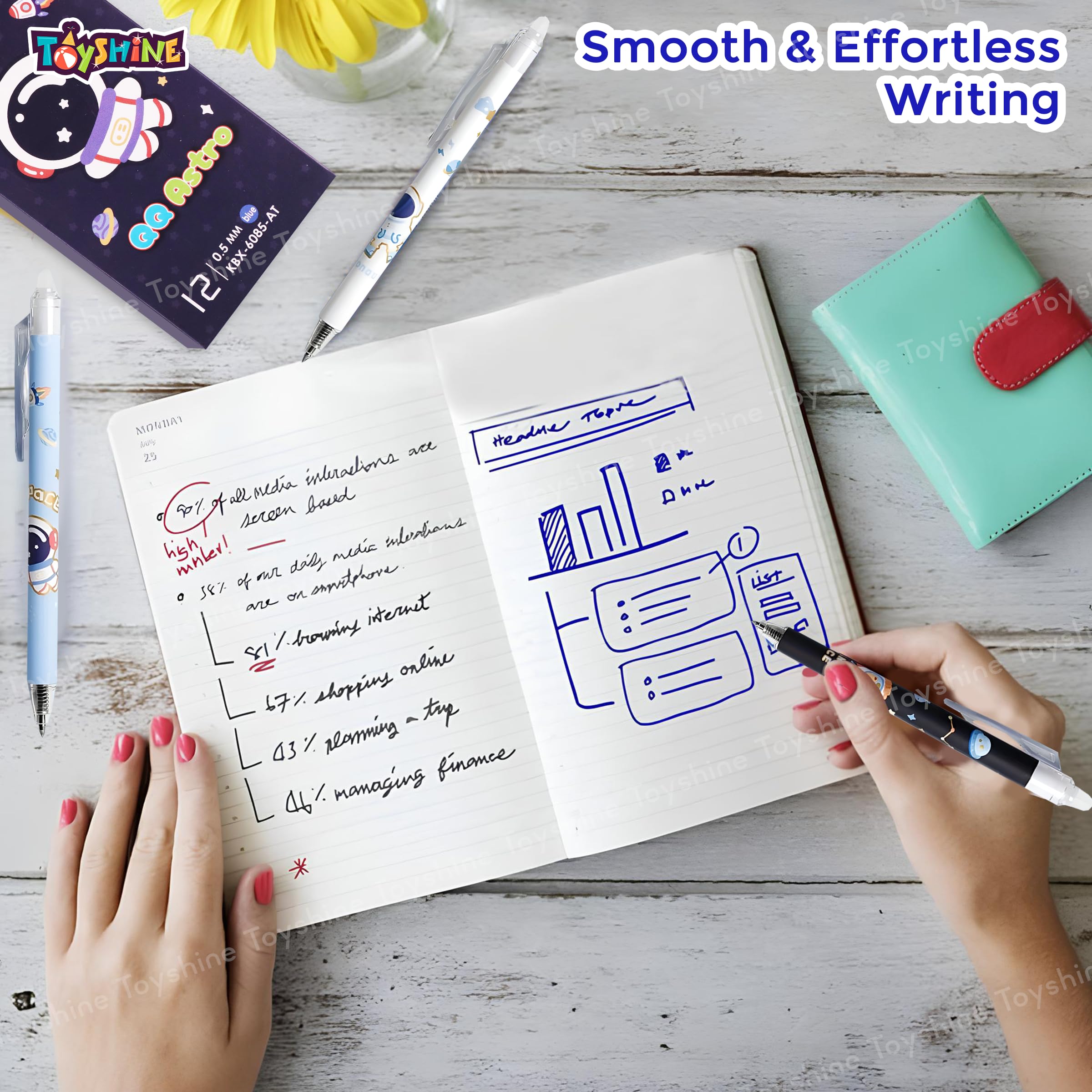 Toyshine 12 Pc Astronaut Theme Stylish Retractable 0.5mm Erasable Gel Pen, Blue Ink | Smooth Writing | Refillable Gel Pen | Kawaii Stationery for Kids Birthday Party Return Gift 2