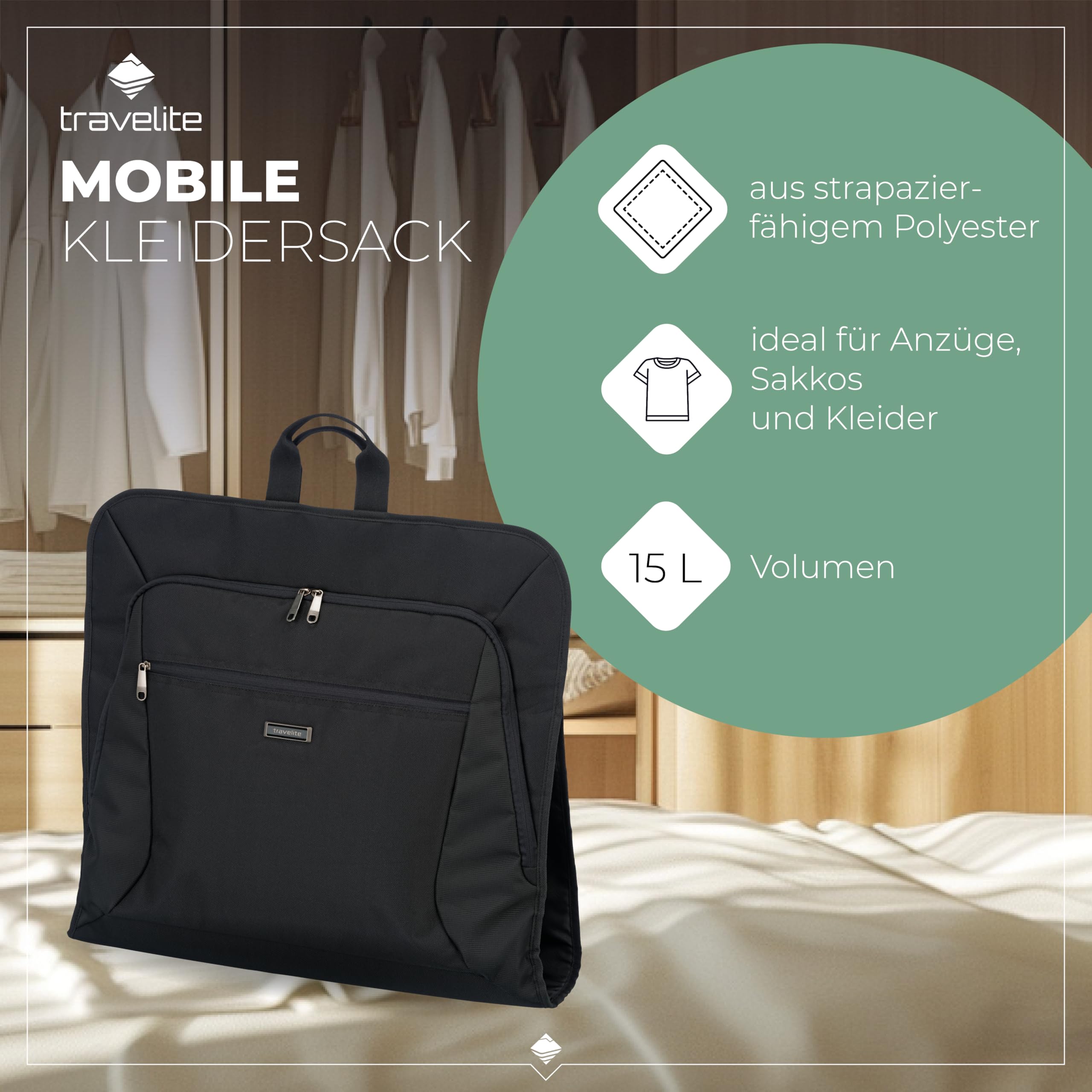 travelite Kleidertasche für Anzüge und Hemden, Gepäck Serie Mobile: Knitterfrei Reisen mit der Kleidersack Anzugtasche, 107 cm, 15 Liter