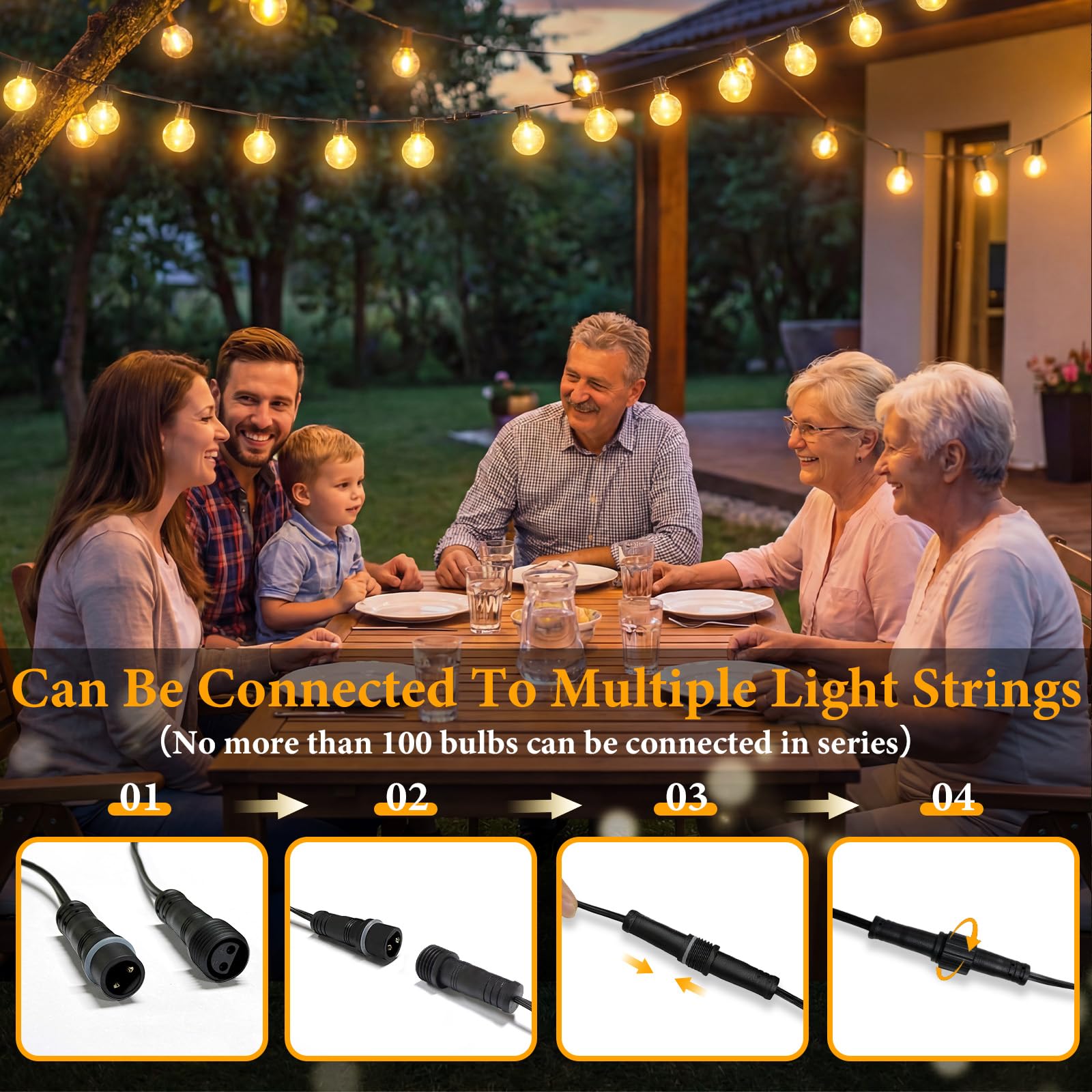 Guirnalda de luces LED para exteriores 30m, 70+4 G40 bombillas, guirnalda de luces con temporizador, IP44 impermeable, iluminación de balcón para jardín, terraza, Navidad, blanco cálido