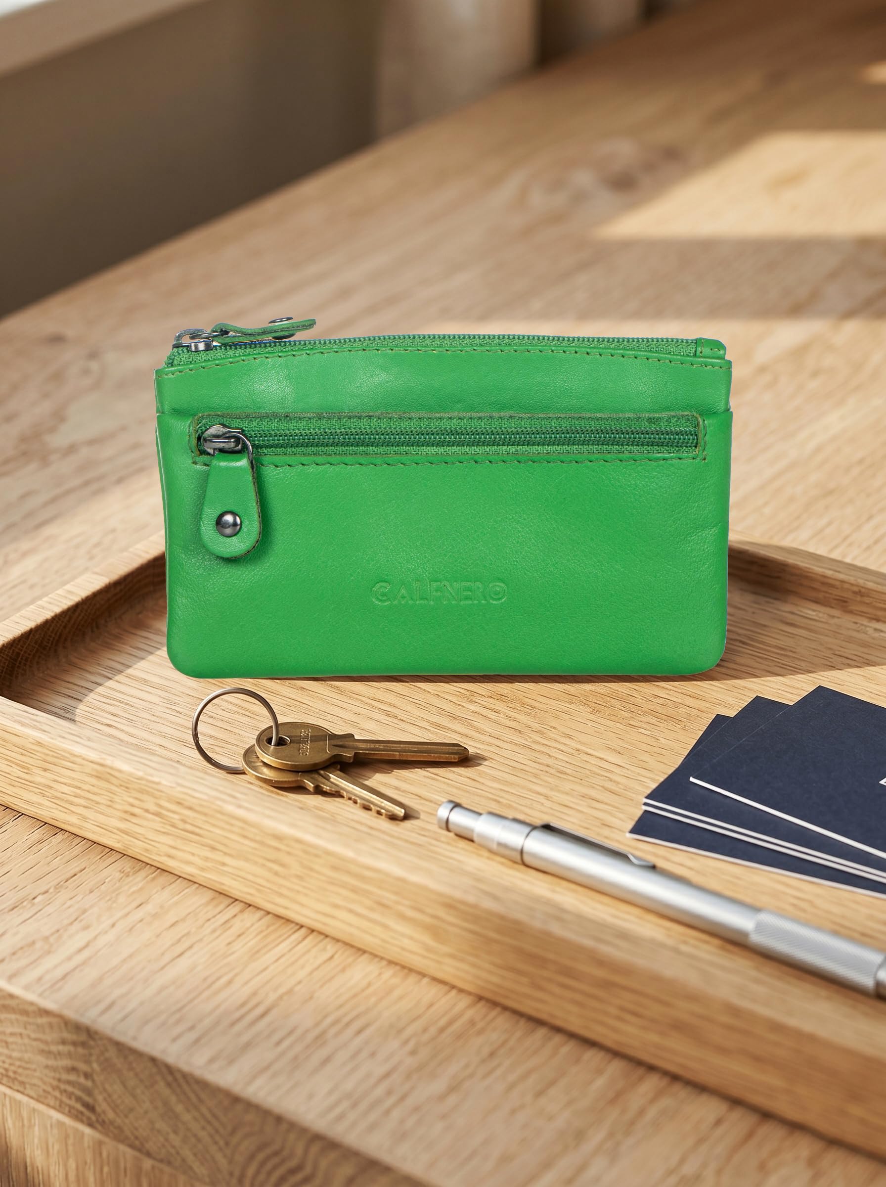CALFNERO Genuine Leather Coin Wallet & Key Case | Leather Key Organizer for Men Women | Zippered Key Holder, Coin Purse, Cash & Card Pouch | Unisex Compact Travel Wallet (Parrot-Green)