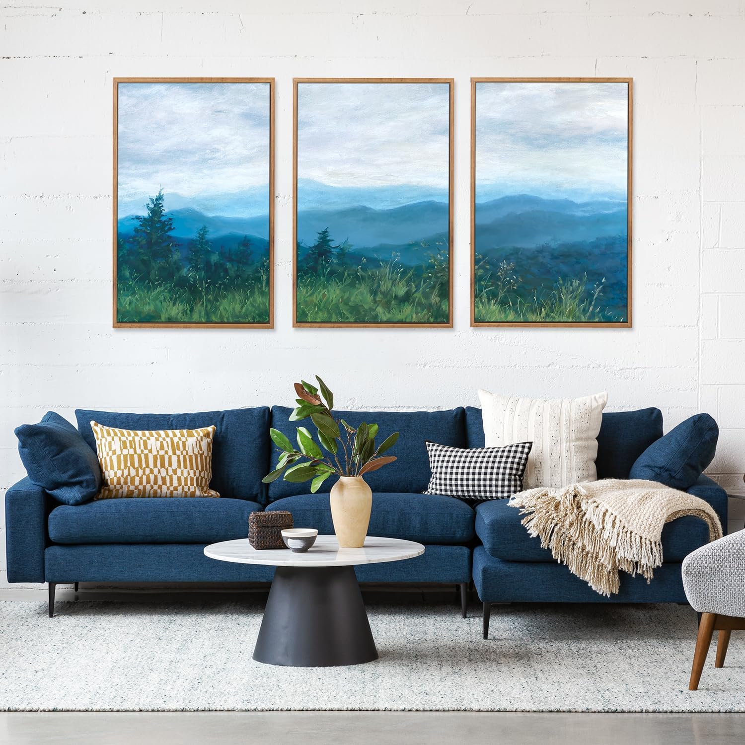 CHDITB Mountain Sun Forest Framed Art Prints(Set of 3, 24”x36”), Boho Watercolor Nature Landscape Canvas Artwork Painting, Abstract Foggy National Park Scenery Poster Decor for Living Room Bedroom