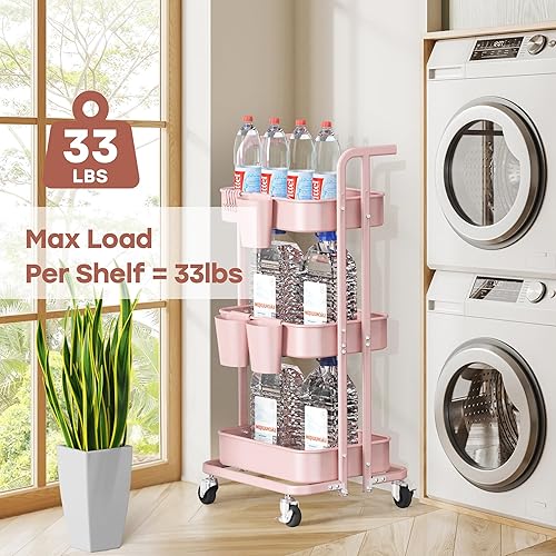 Miniatura 2 de DTK Carrito plegable de 3 niveles, carrito utilitario de metal con ruedas bloqueables, carrito de almacenamiento plegable para sala de estar,