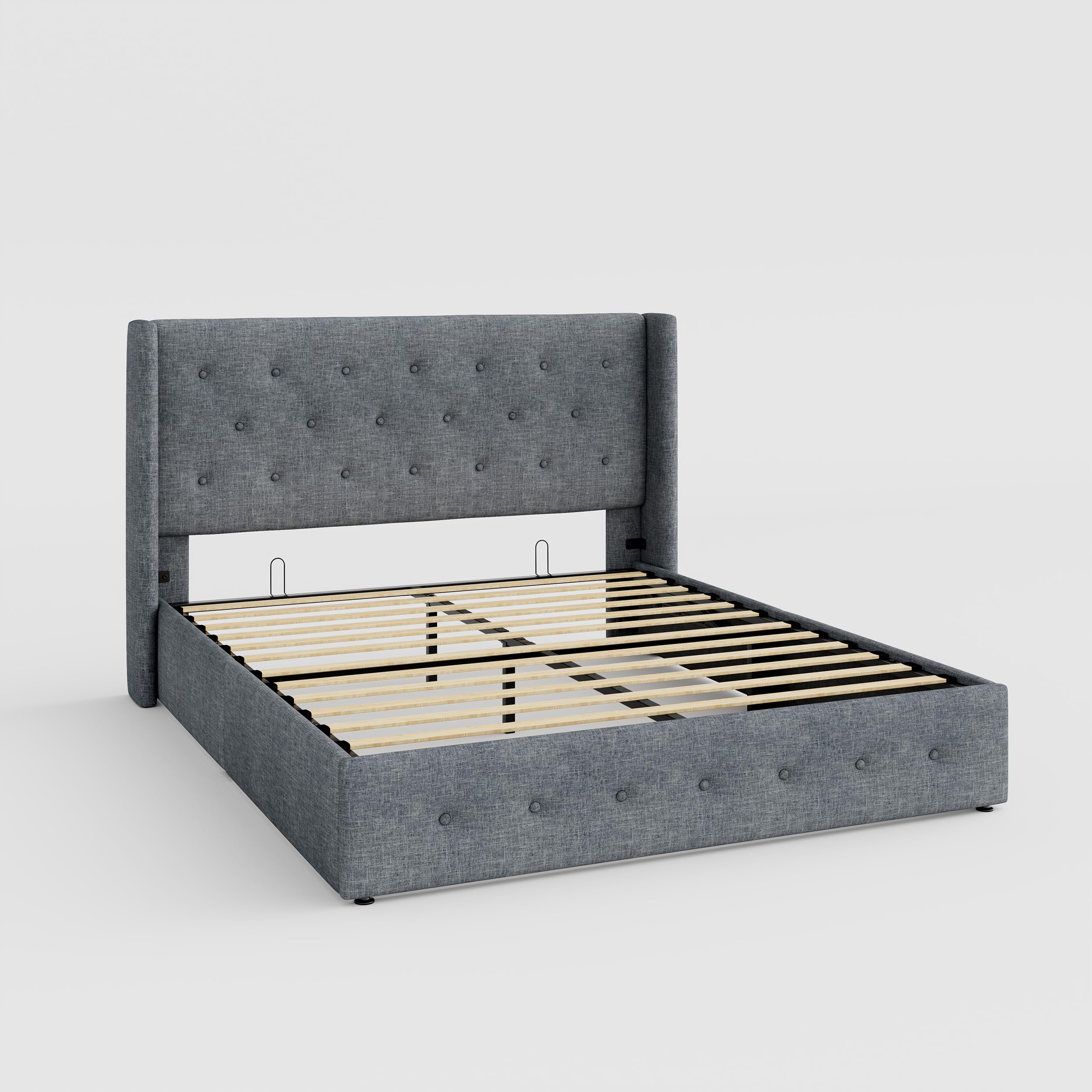 MUTICOR Full Size Lift Up Storgae Bed with Wingback Headboard, Button-Tufted Design, No Box Spring Needed, Wooden Slats, Hydraulic Storage,Blue Gray