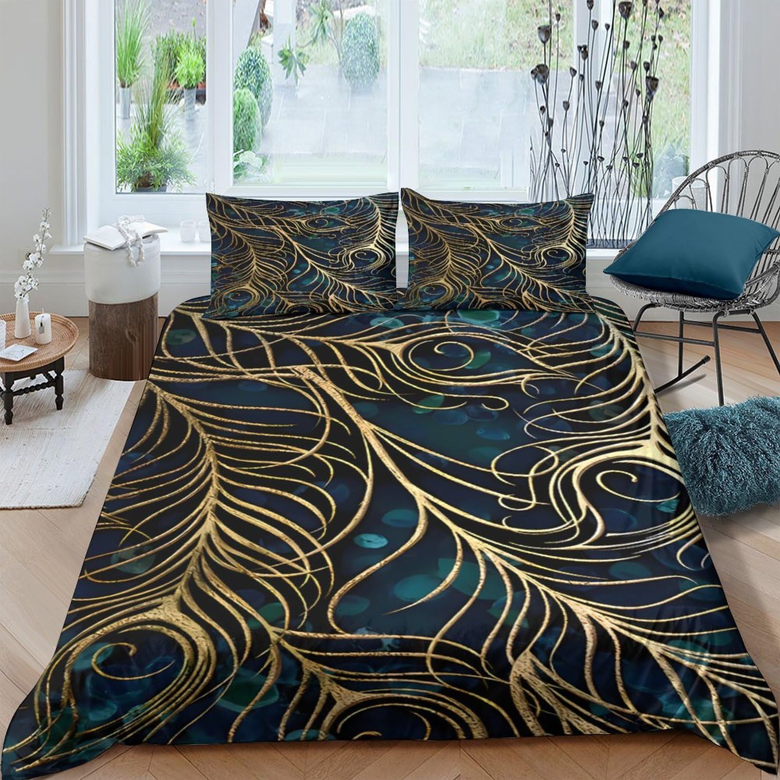 Ctjqhvkz Style-4 3D Printed Peacock Feather Fitted Sheet Microfiber Soft Gold Blue Mattress Cover For Bedroom Guest Room Decor Single（135X200cm）