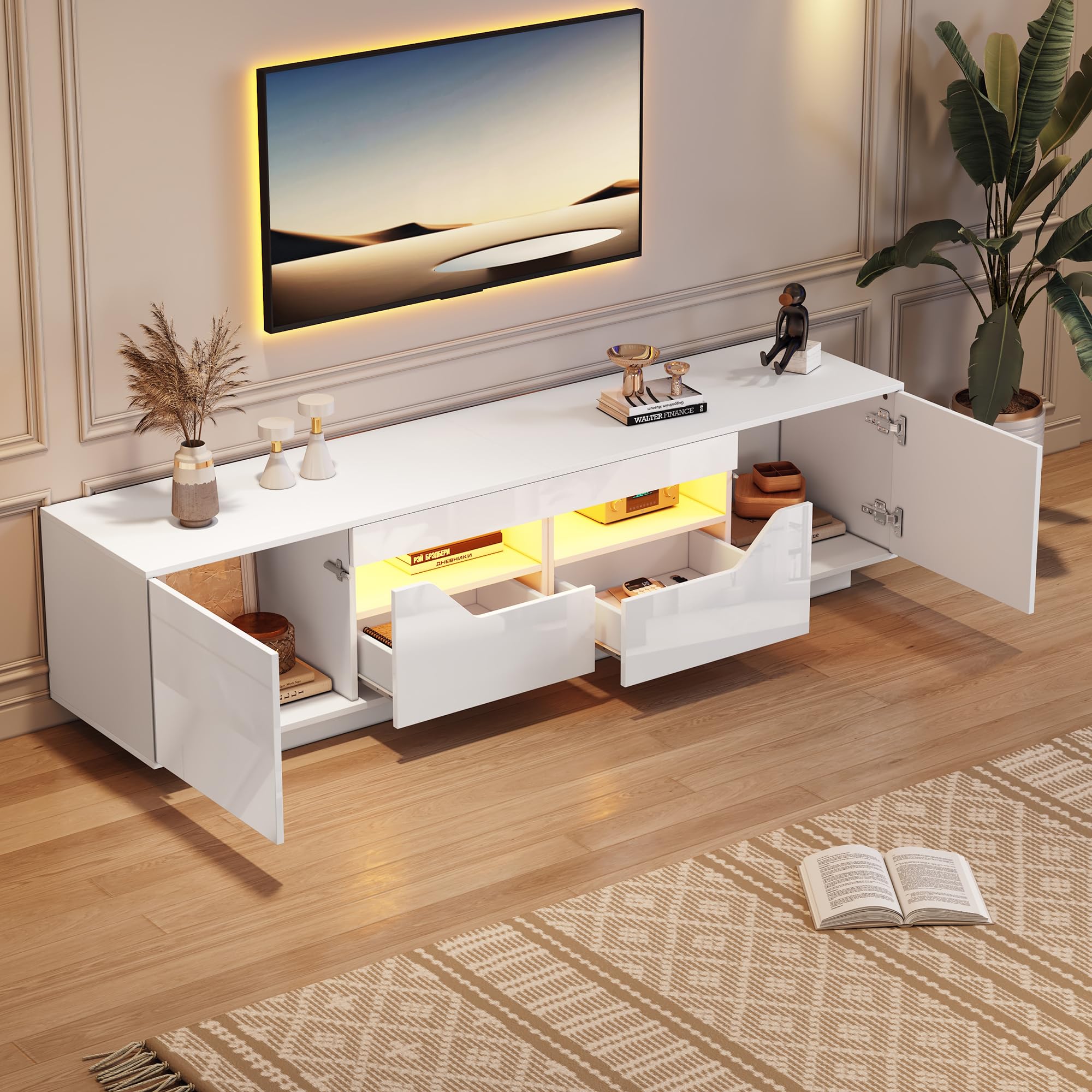 BTM 180x40x45cm Standfernsehschrank, Lowboard Mit 2 Schubladen und 2 Schränken,Hochglanz-TV-Schrank mit LED-Leuchten,TV-Board, Fernsehtisch,Geeignet für 75-Zoll-Fernseher,Weiß