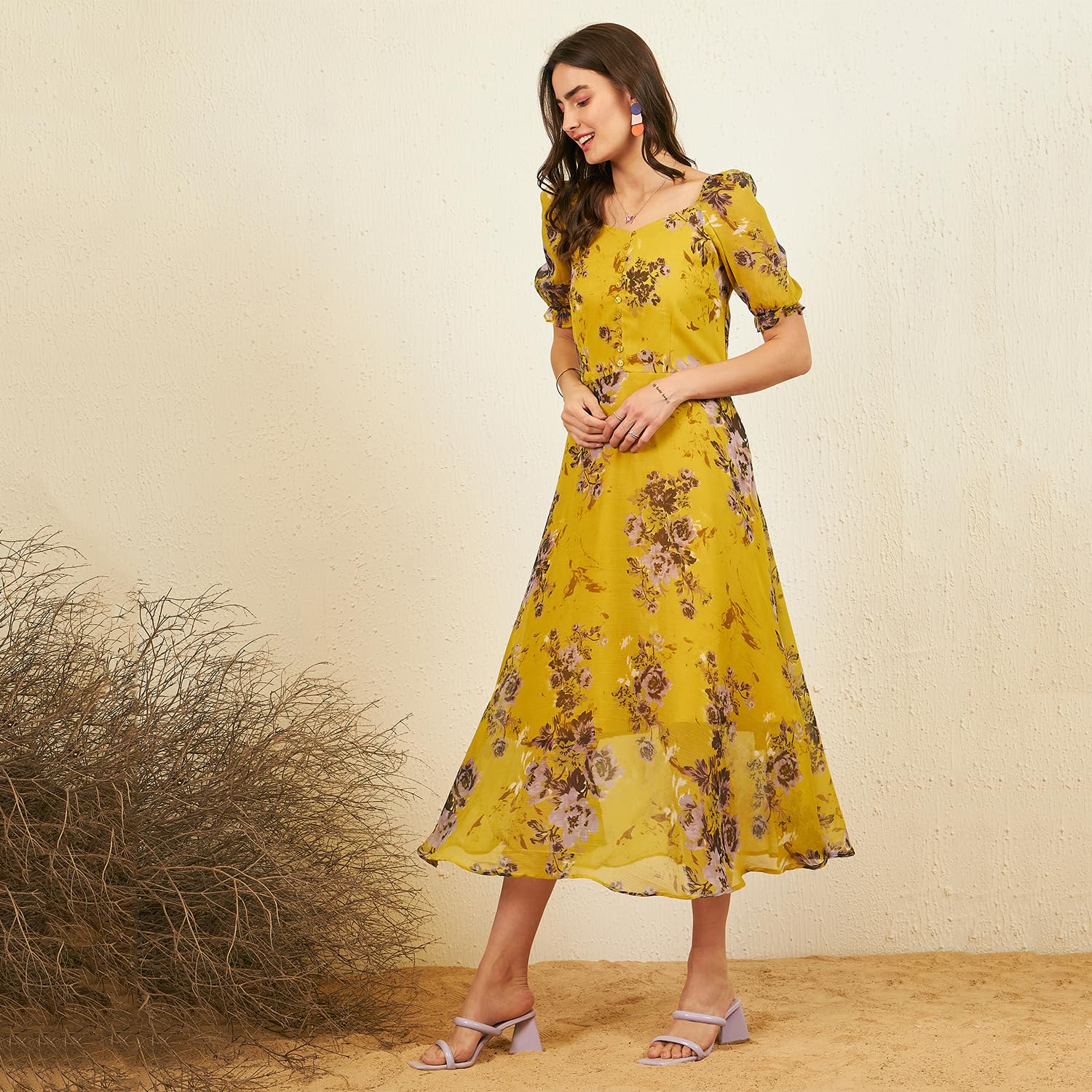 Rare Women's Chiffon Fit And Flare Maxi Dress (Ep6218G_Yellow_M)