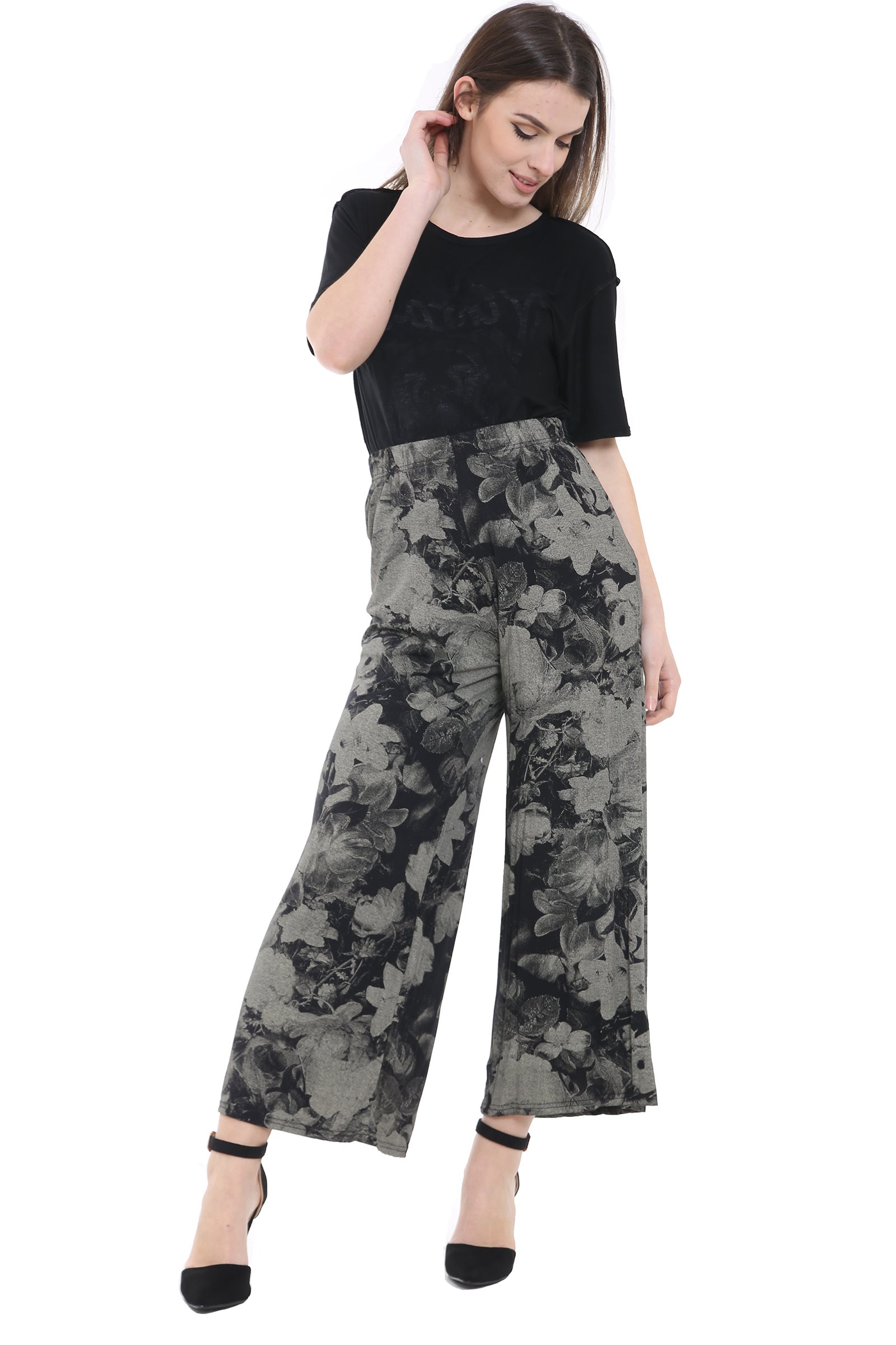 WearAll Plus Size Womens Plain Palazzo Wide Leg Flared Ladies Trousers Pants Tie Dye Floral 24-26