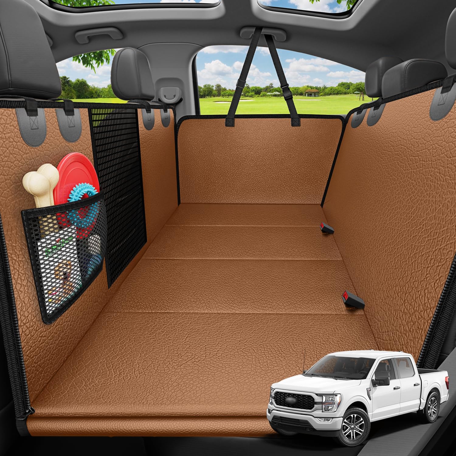 URPOWER PU Leather Hard Bottom Dog Seat Cover for Full-Size Truck Back Seat | 400 lbs Support, 45% More Space, Waterproof, Scratch Resistant, Non-Slip, Mesh Window, Dog Seat Belt Included