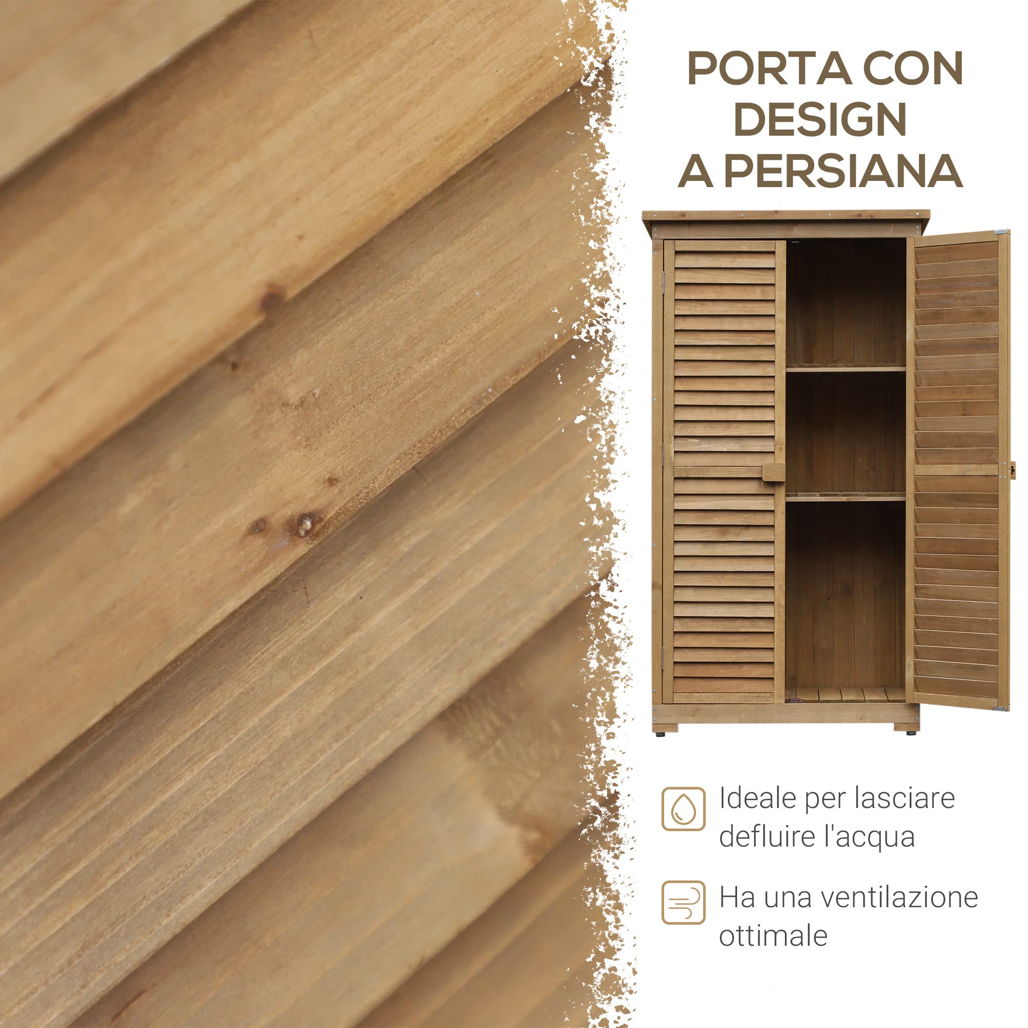 Outsunny Casetta da Giardino in Legno con Tetto Impermeabile, Armadio da Esterno Porta Attrezzi da Giardino con 3 Mensole, 87x46.5x160cm