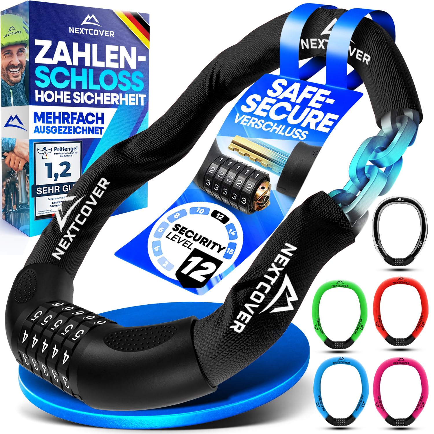 NEXTCOVER® Fahrradschloss mit Zahlencode LockPro - Das Original - [SAFESECURE] hohe Sicherheit I 5- stelliger Zahlencode, Zahlenschloss Fahrrad Stahl I Bike Lock für E-Bike I Kettenschloss
