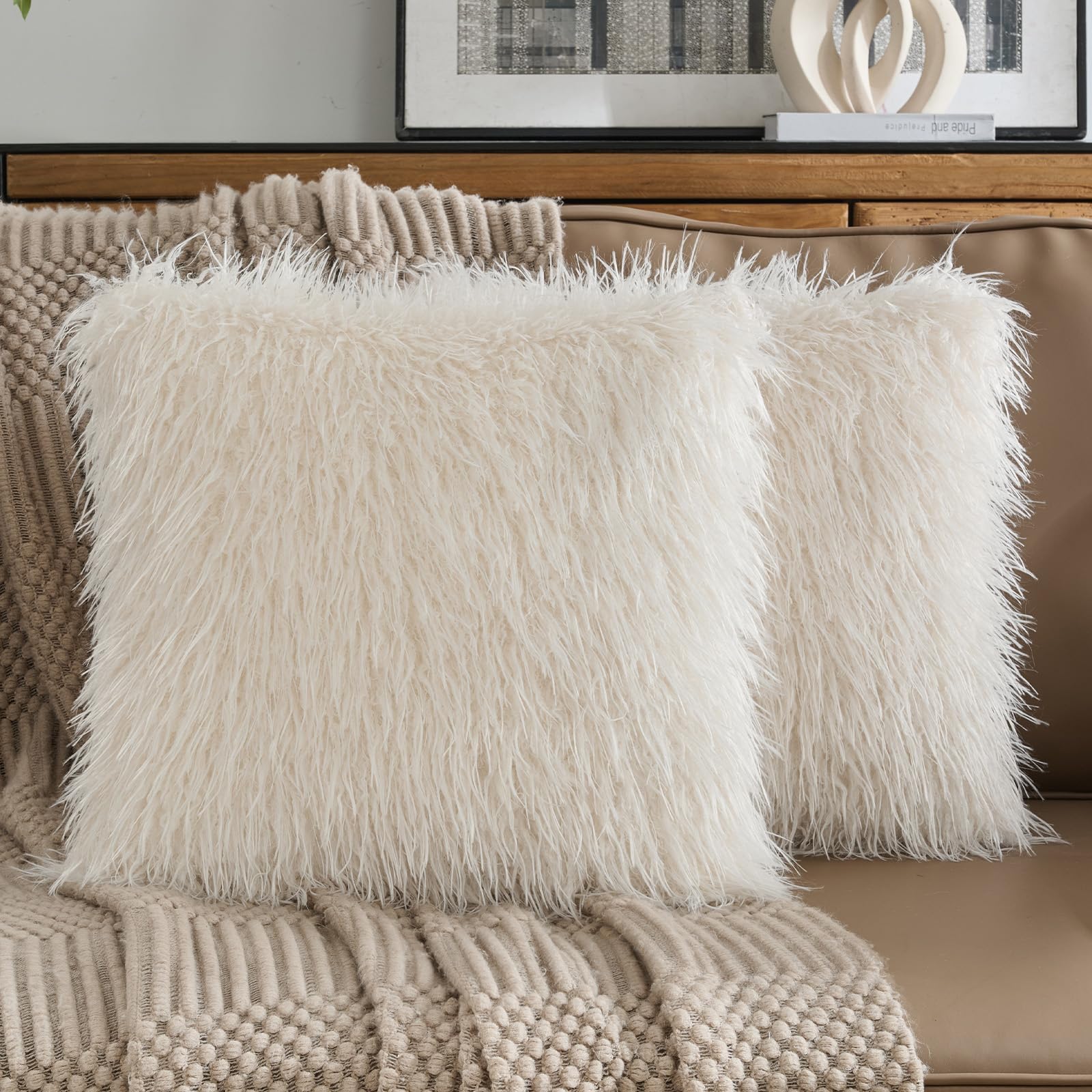 FUTEI Housses de Coussin 45x45 cm en Fausse Fourrure, Lot de 2, Blanc crème