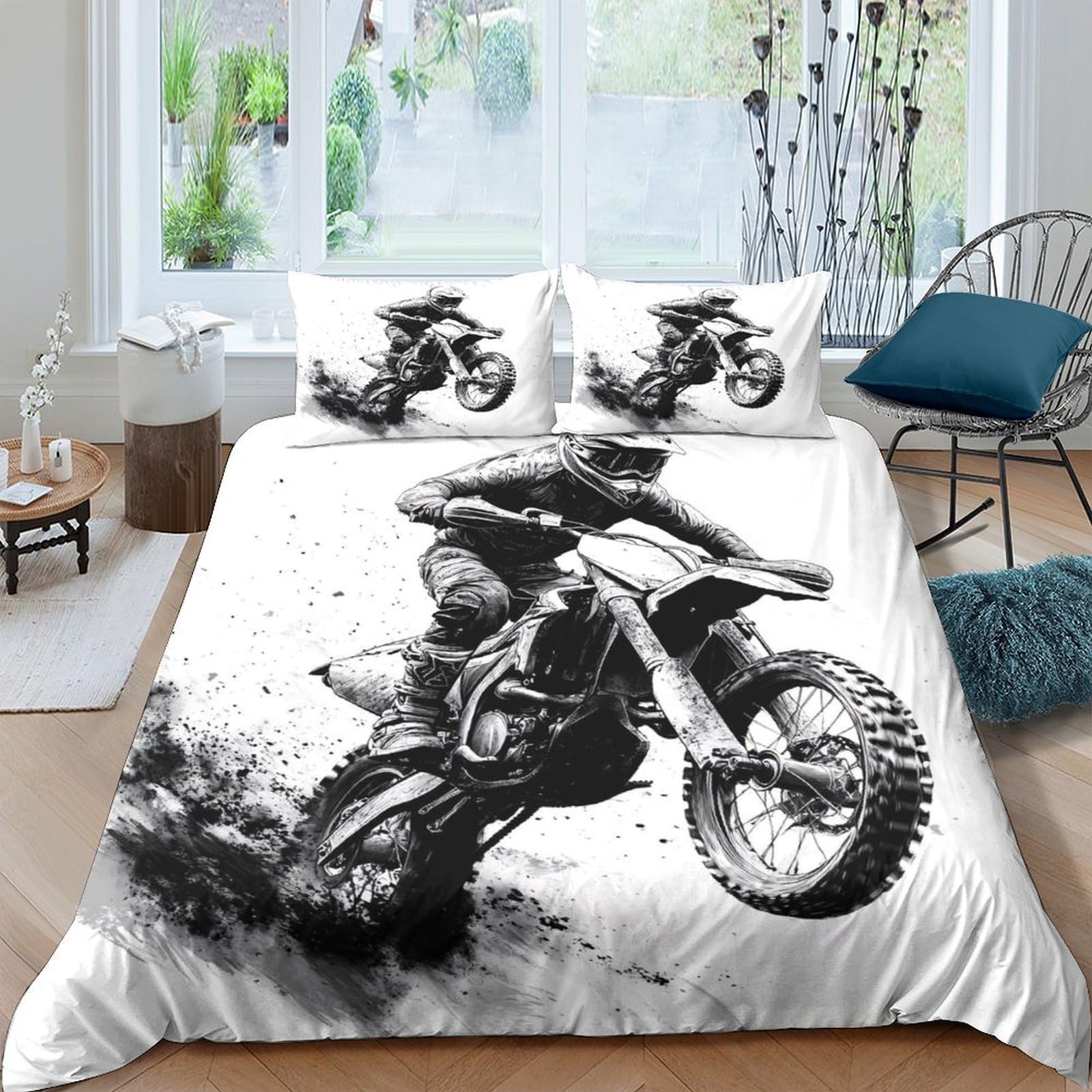 Ctjqhvkz Style-4 3D Printed Motocross Rider Fitted Sheet Microfiber Black White Dirt Bike Bed Cover For Bedroom Dorm Mattress Decor Single（135X200cm）