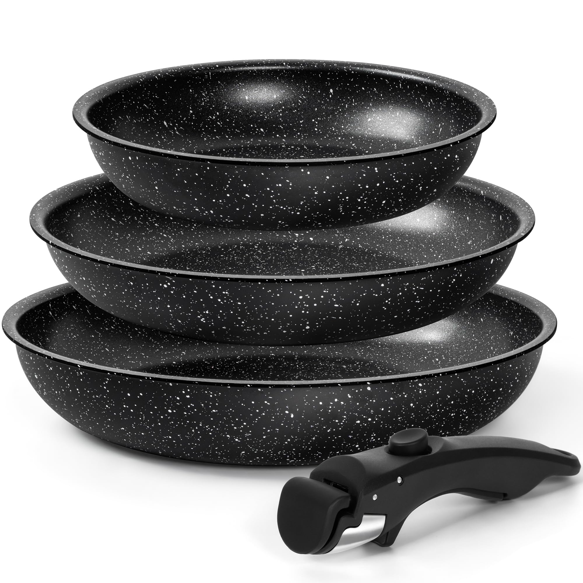 MICHELANGELO Pfannenset 4-teilig（20/24/28 cm Brapfanne） mit abnehmbarem Griff und Induktionsgeeignet, Pfannenset Induktion, Marmor Anti-Haft-Beschichtung Pfannen, – Ofenfest bis 240°C – Schwarz