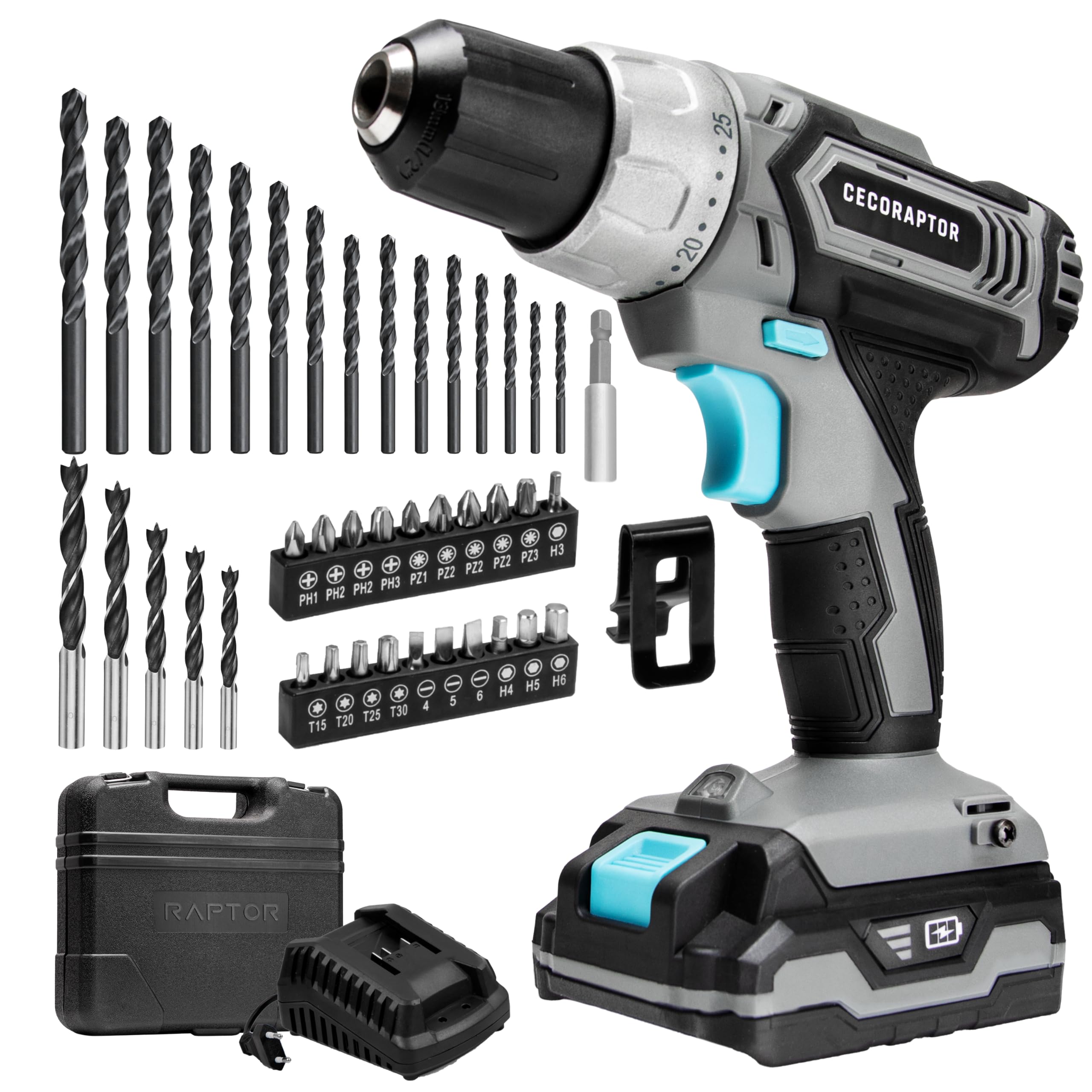 Cecotec Akku-Bohrschrauber CecoRaptor Perfect Drill 2020 Advance, 20 V 2000 mAh, 46 Nm, 2 Gänge 0-400/0-1550 rpm, 25+1 Stufen, 2-13 mm Schnellspannfutter, LED, Koffer mit 20 Bits + 20 Bohrern