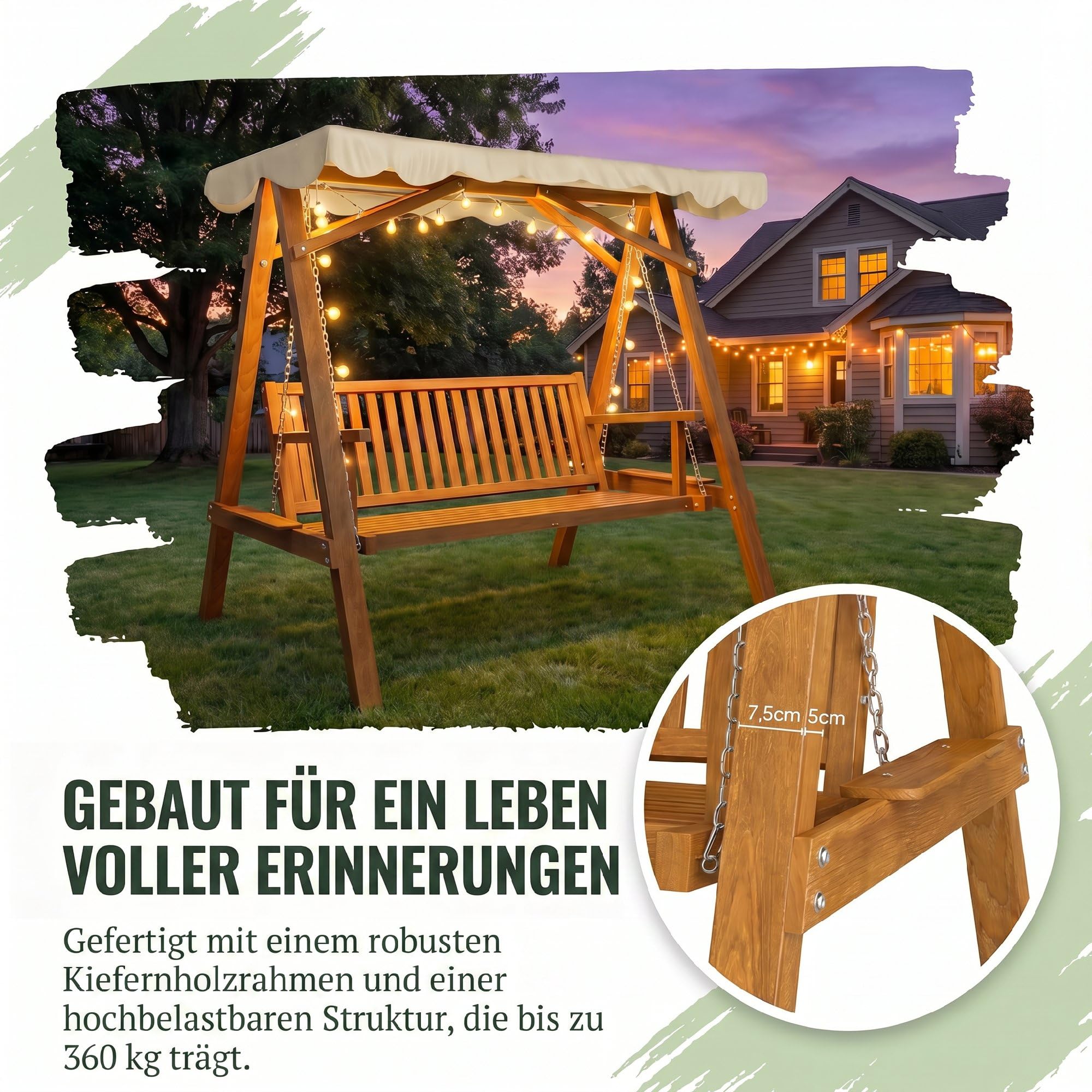 Outsunny Hollywoodschaukel Gartenschaukel Schaukelbank Schaukel 2-Sitzer Lärche Natur+Creme