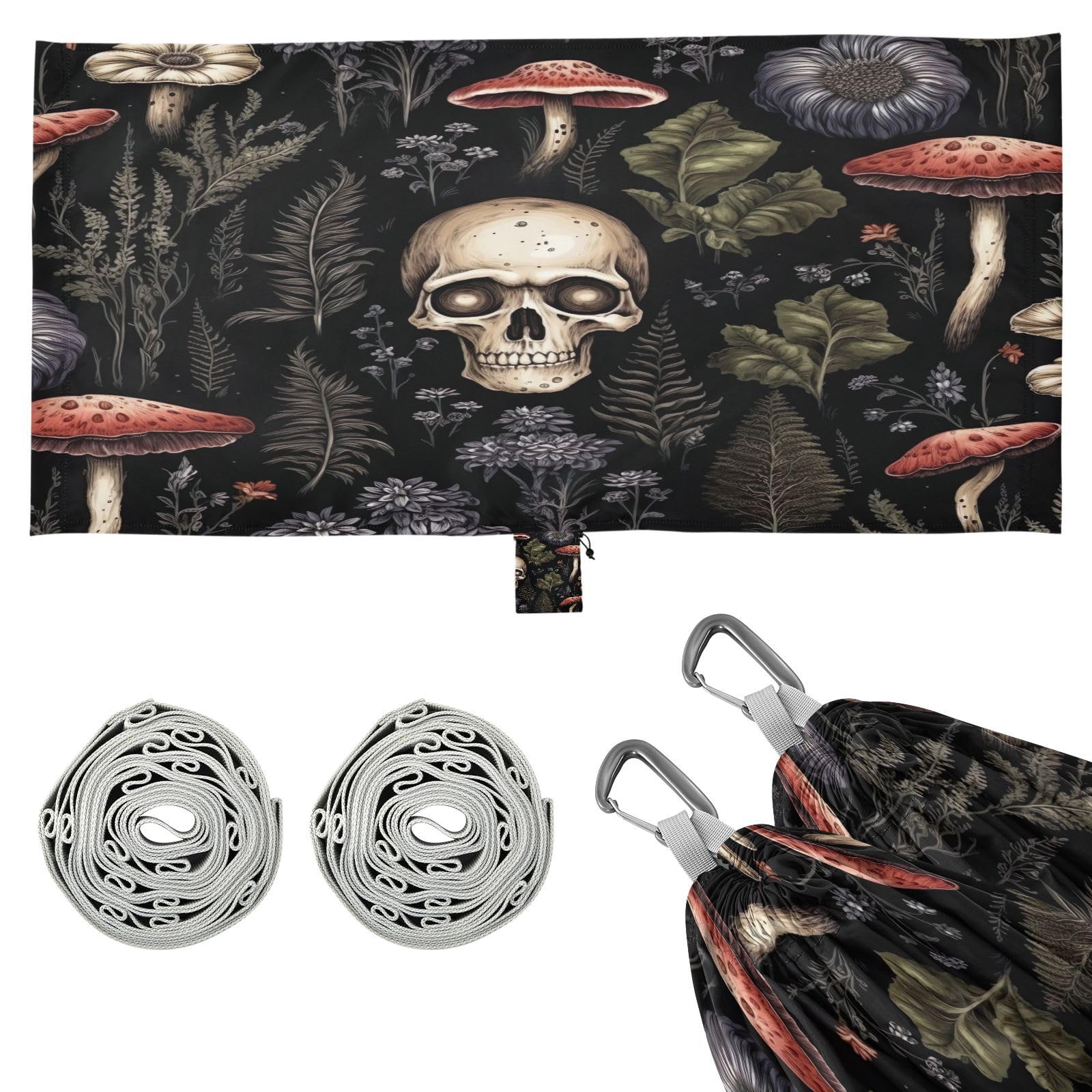 SDMKA Skull and Mushroom Camping Hammock, 330 lbs with 2 Tree Straps, Carry Bag, Single Portable Hammock for Outdoor/Indoor, Hiking, Beach, Backpacking, Travel